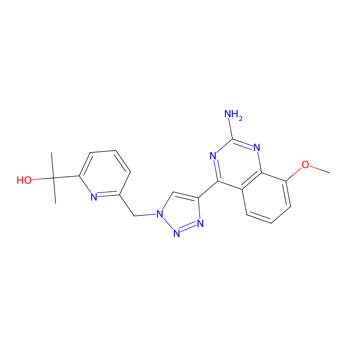 2-{6-[4-(2-Amino-8-methoxy-quinazolin-4-yl)-[1,2,3]triazol-1-ylmethyl]-pyridin-2-yl}-propan-2-ol molecular structure, CAS 2249735-83-7