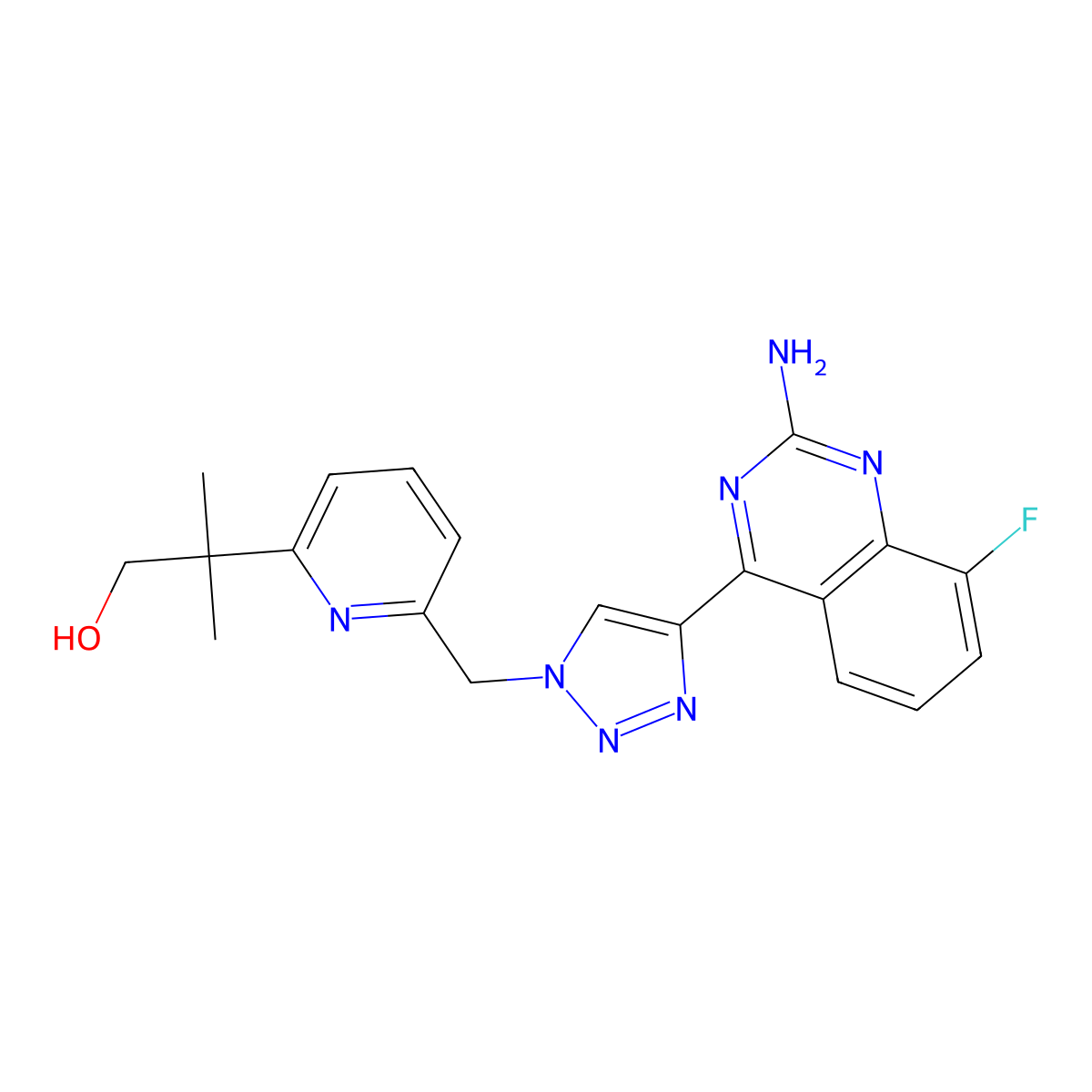 2-{6-[4-(2-Amino-8-fluoro-quinazolin-4-yl)-[1,2,3]triazol-1-ylmethyl]-pyridin-2-yl}-2-methyl-propan-1-ol molecular structure, CAS 2249736-27-2