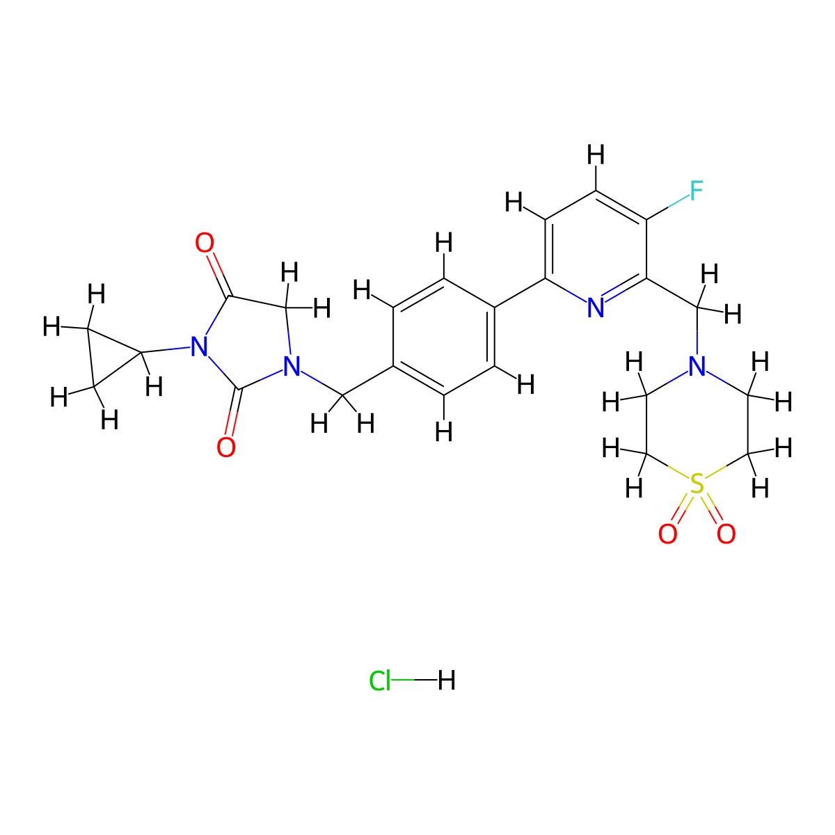 3-Cyclopropyl-1-(4-(6-((1,1-dioxidothiomorpholino)methyl)-5-fluoropyridin-2-yl)benzyl)imidazolidine-2,4-dione hydrochloride molecular structure, CAS 2250025-91-1