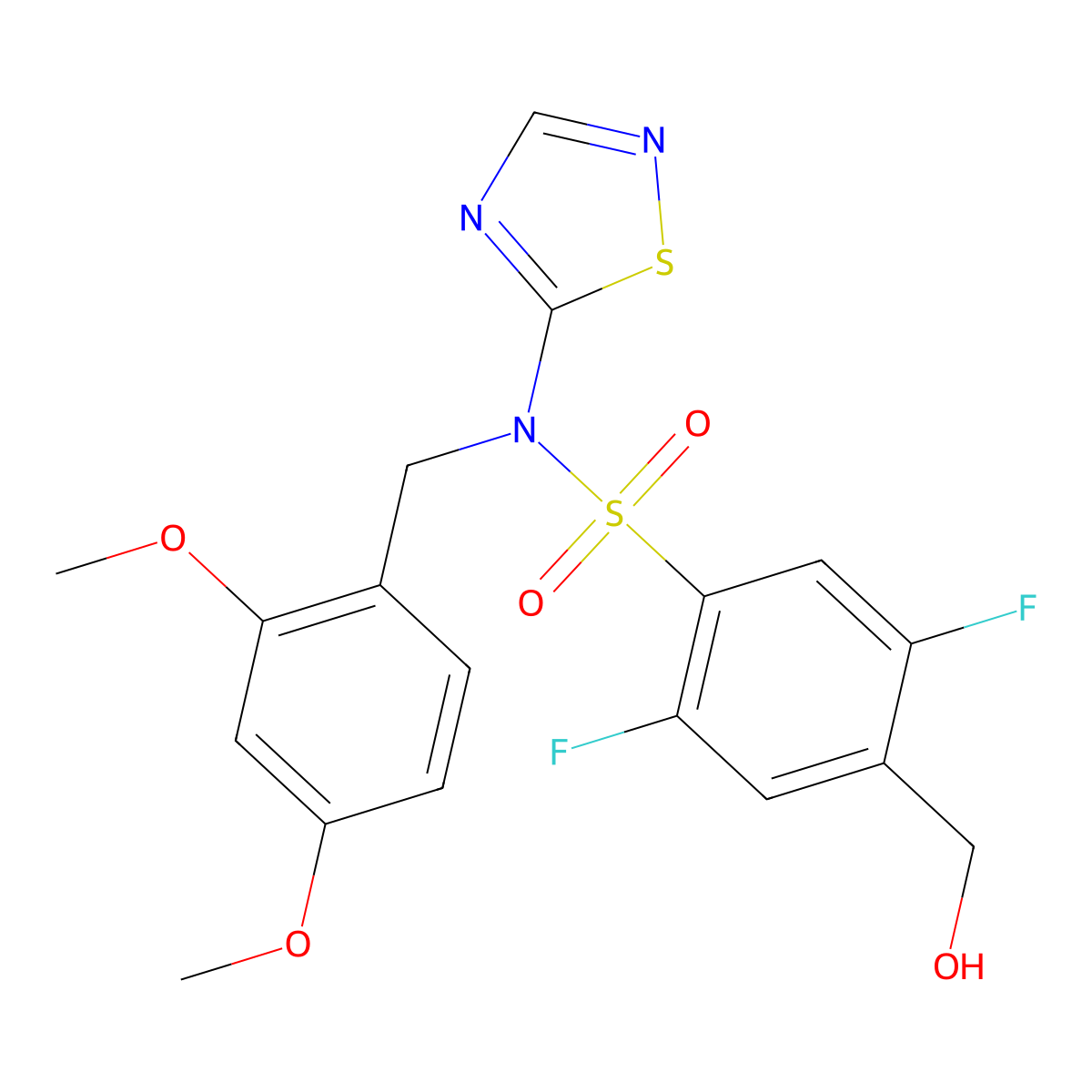 N-(2,4-Dimethoxybenzyl)-2,5-difluoro-4-(hydroxymethyl)-N-(1,2,4-thiadiazol-5-yl)benzenesulfonamide molecular structure, CAS 2250051-37-5