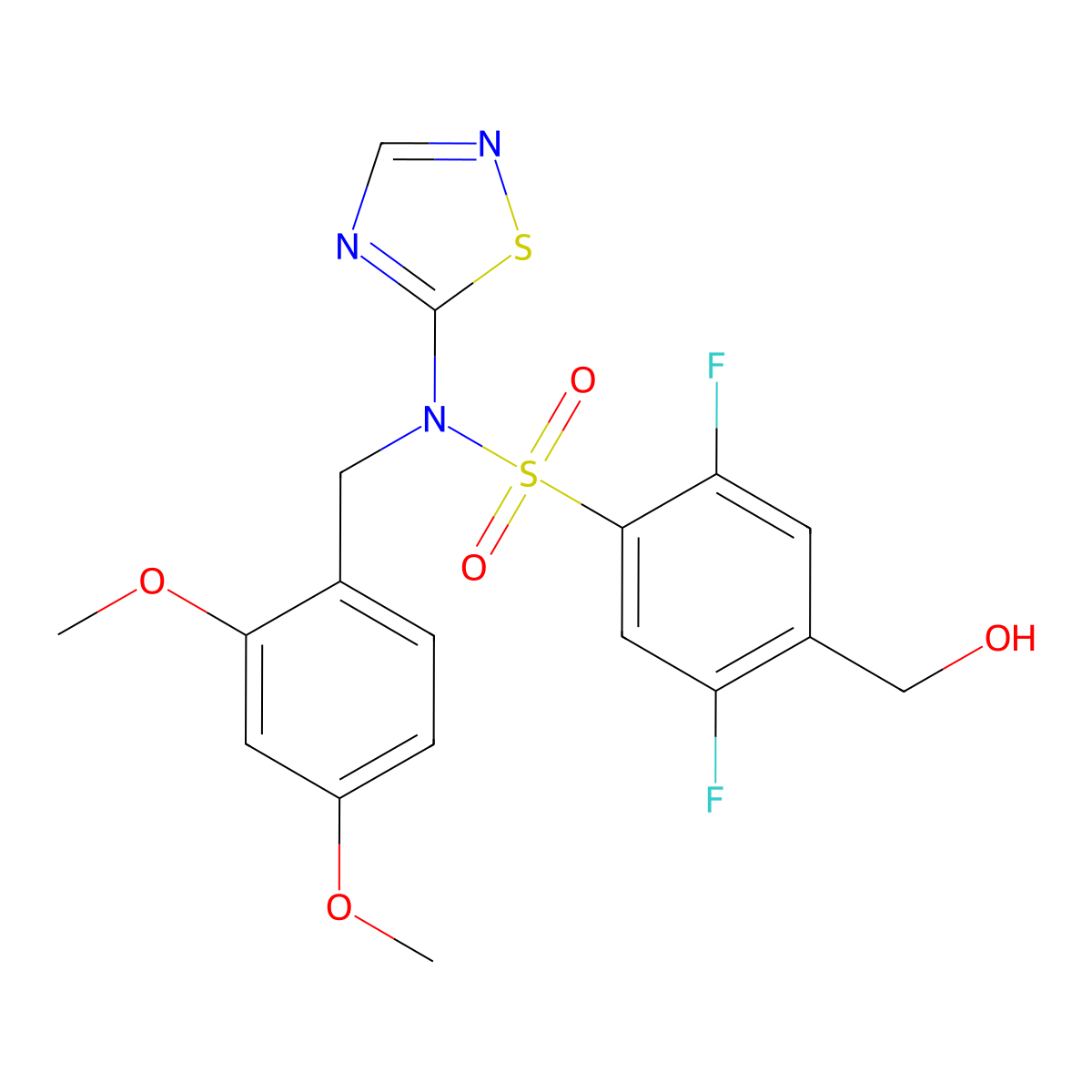 N-(2,4-Dimethoxybenzyl)-2,5-difluoro-4-(hydroxymethyl)-N-(1,2,4-thiadiazol-5-yl)benzenesulfonamide molecular structure, CAS 2250051-37-5