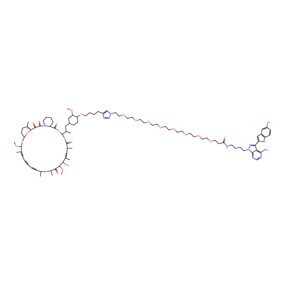 N-[4-[4-amino-3-(5-hydroxy-1H-indol-2-yl)pyrazolo[3,4-d]pyrimidin-1-yl]butyl]-3-[2-[2-[2-[2-[2-[2-[2-[2-[4-[4-[(1R,2R,4S)-4-[(2R)-2-[(1R,9S,12S,15R,16Z,18R,19R,21R,23S,24Z,26Z,28Z,30S,32S,35R)-1,18-dihydroxy-19,30-dimethoxy-15,17,21,23,29,35-hexamethyl-2,3,10,14,20-pentaoxo-11,36-dioxa-4-azatricyclo[30.3.1.04,9]hexatriaconta-16,24,26,28-tetraen-12-yl]propyl]-2-methoxycyclohexyl]oxybutyl]triazol-1-yl]ethoxy]ethoxy]ethoxy]ethoxy]ethoxy]ethoxy]ethoxy]ethoxy]propanamide molecular structure, CAS 2250059-52-8