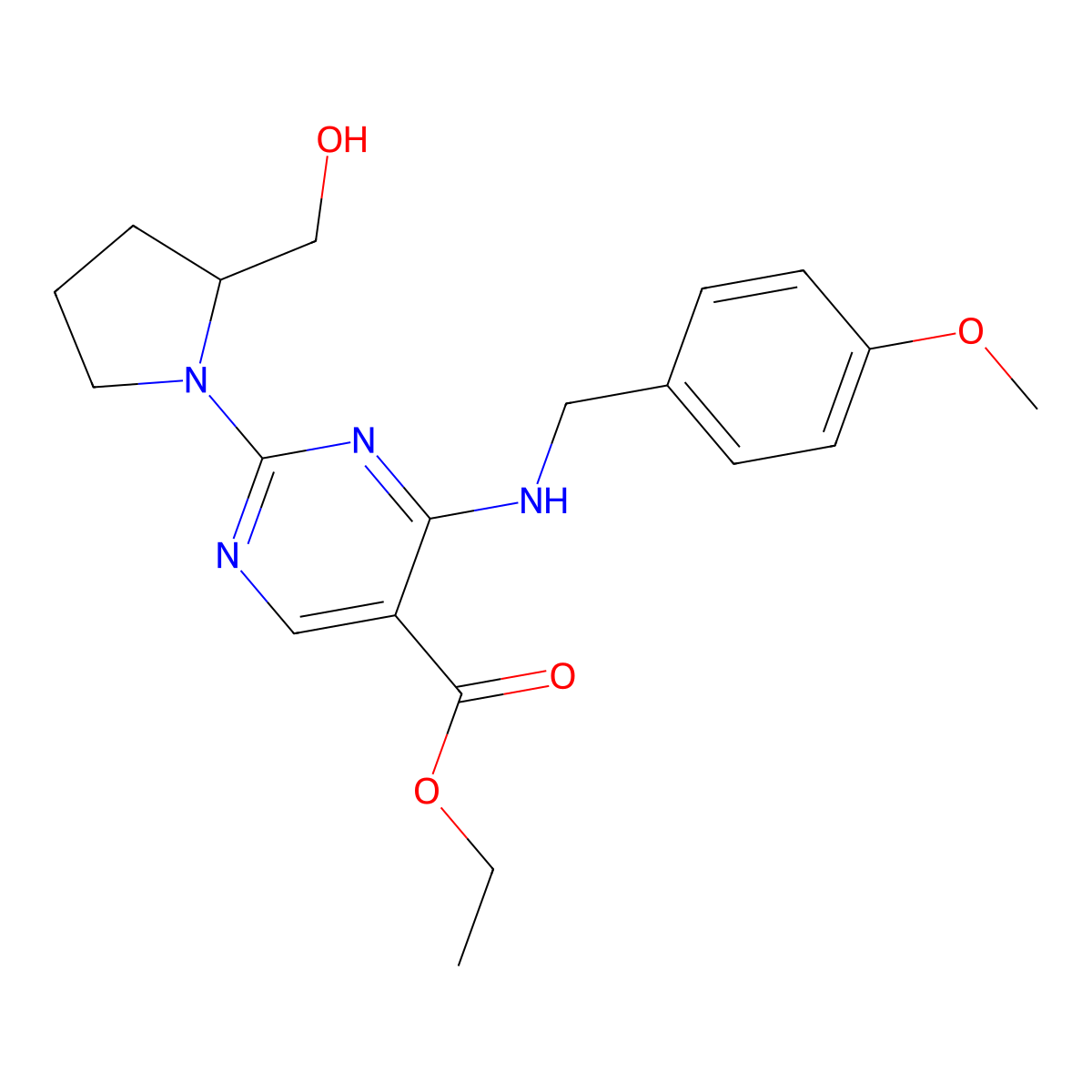 Ethyl (S)-2-(2-(hydroxymethyl)pyrrolidin-1-yl)-4-((4-methoxybenzyl)amino)pyrimidine-5-carboxylate molecular structure, CAS 2250242-12-5