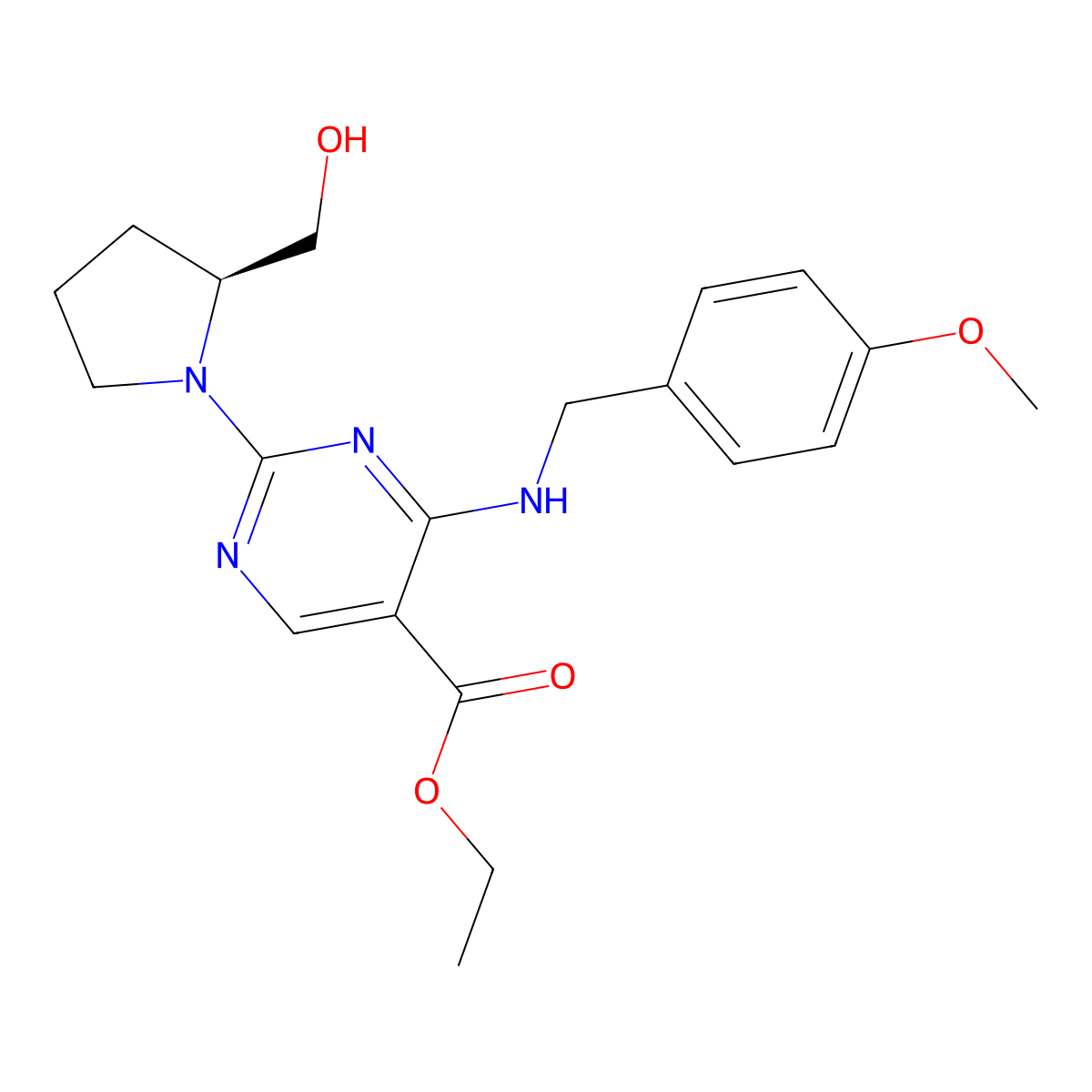 Ethyl (S)-2-(2-(hydroxymethyl)pyrrolidin-1-yl)-4-((4-methoxybenzyl)amino)pyrimidine-5-carboxylate molecular structure, CAS 2250242-12-5