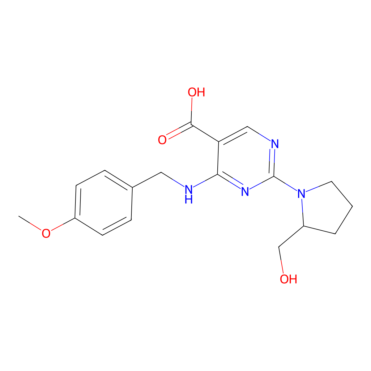 (S)-2-(2-(Hydroxymethyl)pyrrolidin-1-yl)-4-((4-methoxybenzyl)amino)pyrimidine-5-carboxylic acid molecular structure, CAS 2250242-42-1