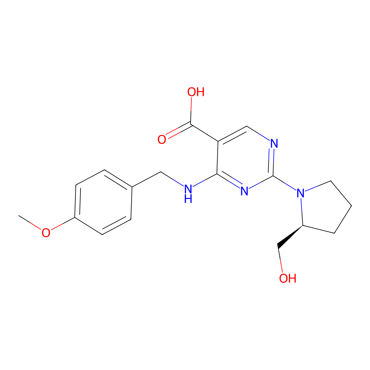 (S)-2-(2-(Hydroxymethyl)pyrrolidin-1-yl)-4-((4-methoxybenzyl)amino)pyrimidine-5-carboxylic acid molecular structure, CAS 2250242-42-1