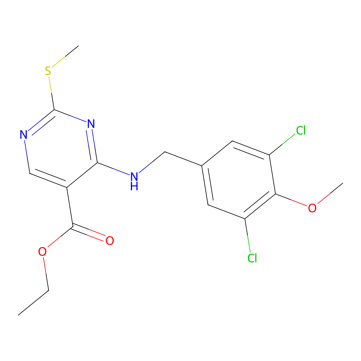 Ethyl 4-((3,5-dichloro-4-methoxybenzyl)amino)-2-(methylthio)pyrimidine-5-carboxylate molecular structure, CAS 2250242-48-7