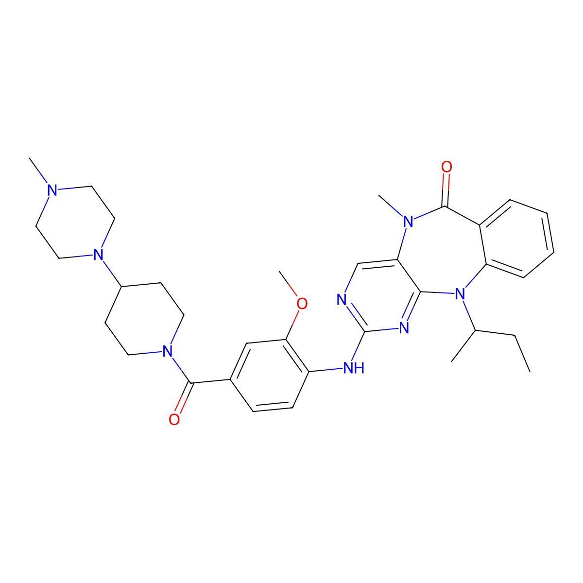 11-(sec-Butyl)-2-((2-methoxy-4-(4-(4-methylpiperazin-1-yl)piperidine-1-carbonyl)phenyl)amino)-5-methyl-5,11-dihydro-6H-benzo[e]pyrimido[5,4-b][1,4]diazepin-6-one molecular structure, CAS 2250323-50-1