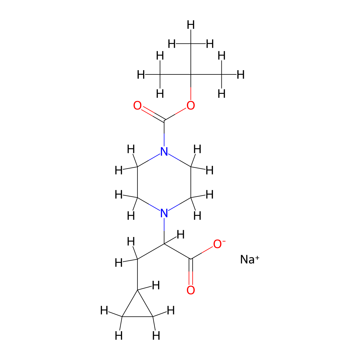 Sodium 2-[4-(tert-butoxycarbonyl)piperazin-1-yl]-3-cyclopropylpropanoate molecular structure, CAS 2251053-14-0