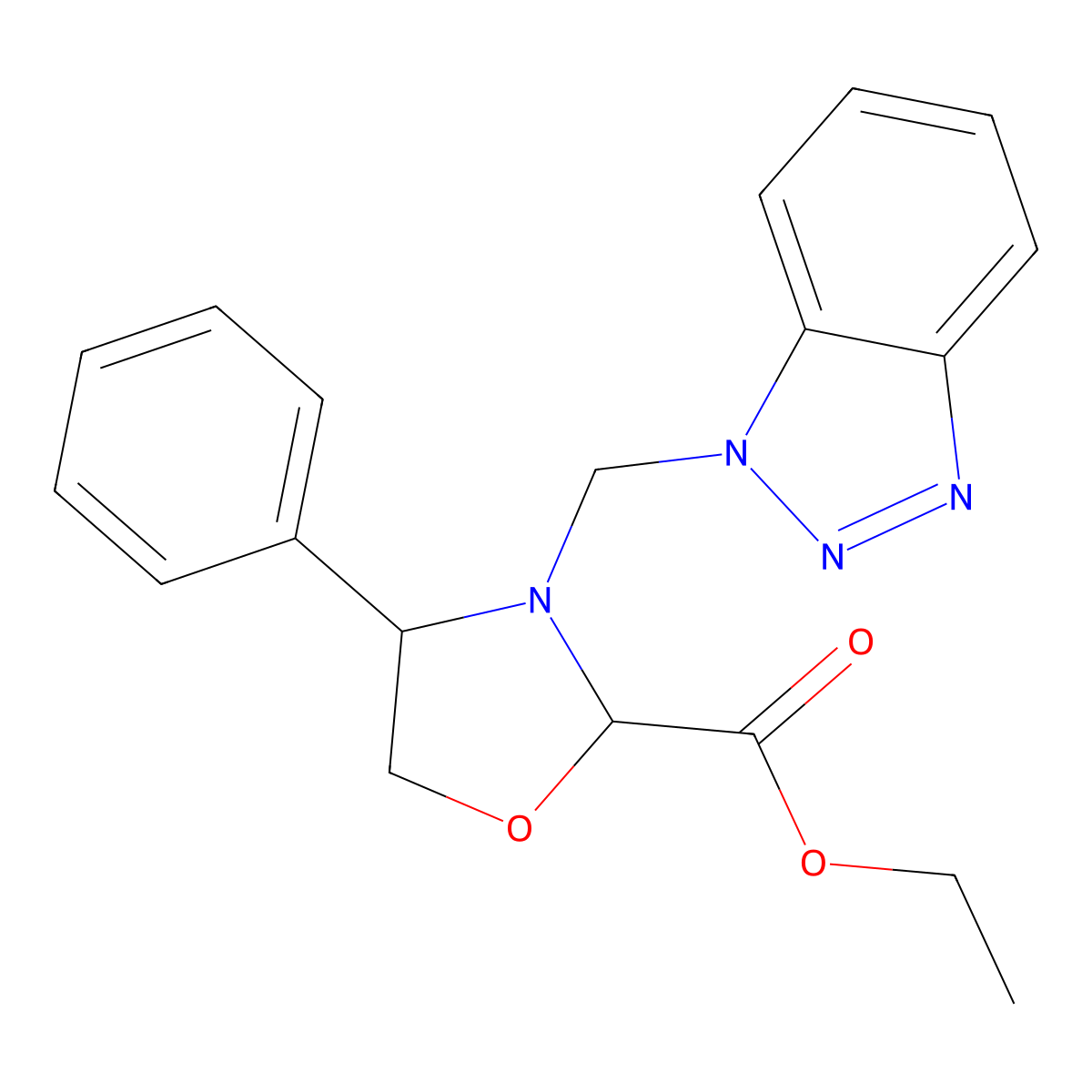 Eethyl (2S,4S)-3-(1H-1,2,3-benzotriazol-1-ylmethyl)-4-phenyl-1,3-oxazolidine-2-carboxylate molecular structure, CAS 225116-99-4