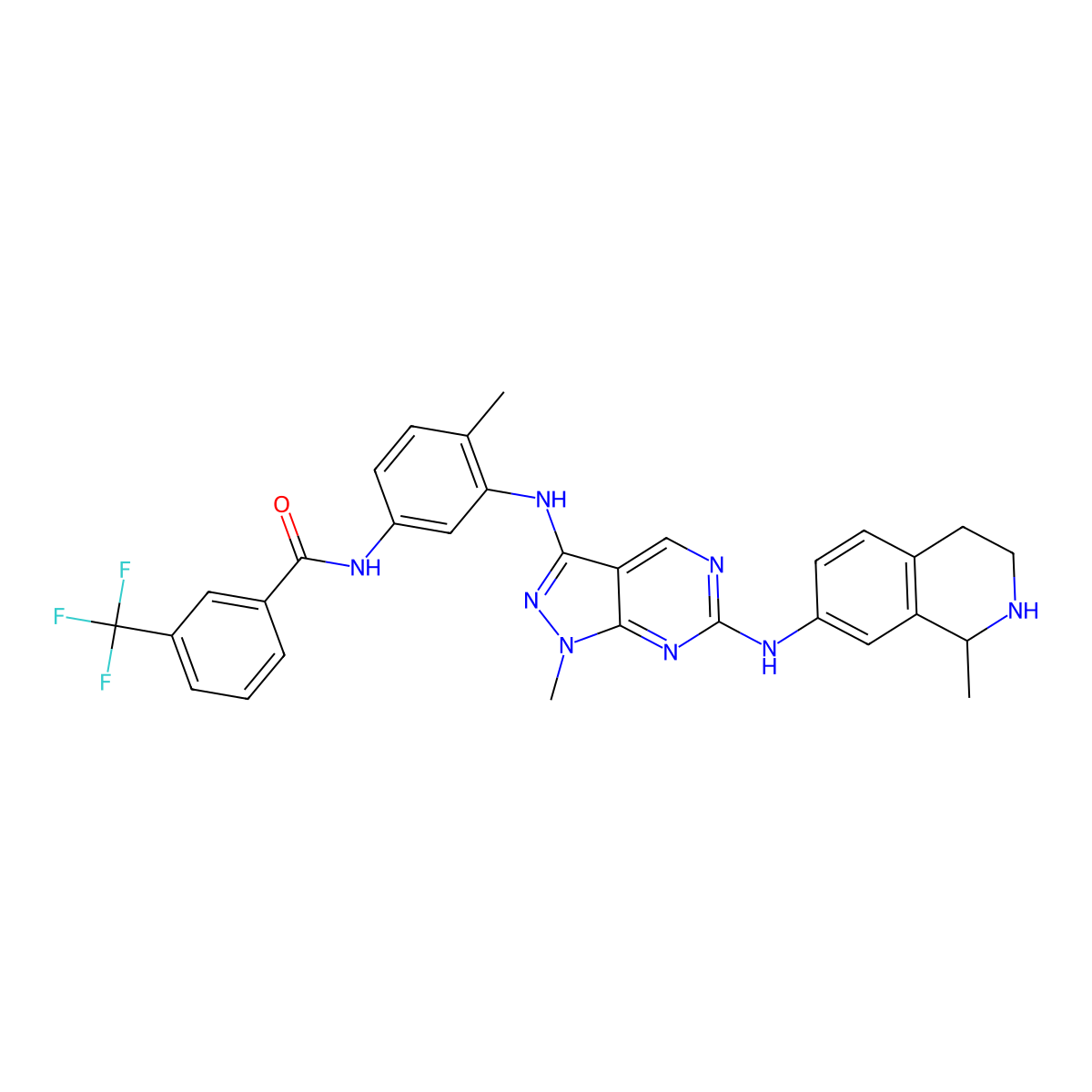 N-(4-Methyl-3-((1-methyl-6-((1-methyl-1,2,3,4-tetrahydroisoquinolin-7-yl)amino)-1H-pyrazolo[3,4-d]pyrimidin-3-yl)amino)phenyl)-3-(trifluoromethyl)benzamide molecular structure, CAS 2251799-53-6