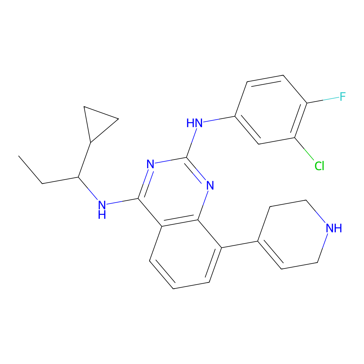 (R)-N2-(3-Chloro-4-fluorophenyl)-N4-(1-cyclopropylpropyl)-8-(1,2,3,6-tetrahydropyridin-4-yl)quinazoline-2,4-diamine molecular structure, CAS 2252242-31-0
