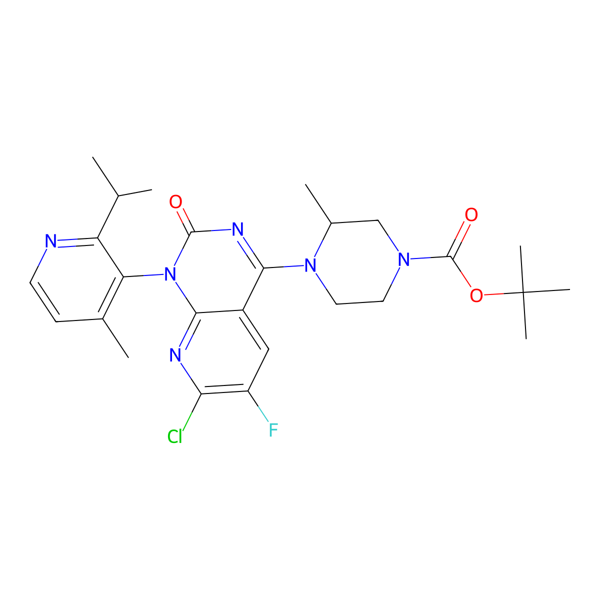 Tert-butyl (s)-4-(7-chloro-6-fluoro-1-(2-isopropyl-4-methylpyridin-3-yl)-2-oxo-1,2-dihydropyrido[2,3-d]pyrimidin-4-yl)-3-methylpiperazine-1-carboxylate molecular structure, CAS 2252403-84-0