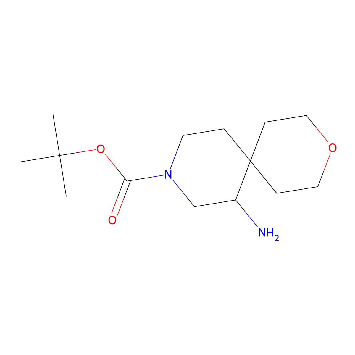 Tert-butyl 7-amino-3-oxa-9-azaspiro(5.5)undecane-9-carboxylate molecular structure, CAS 2253629-70-6