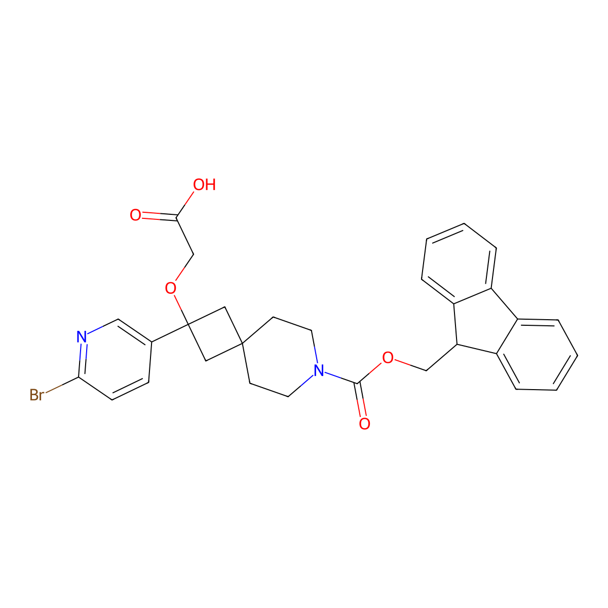 2-[[2-(6-Bromopyridin-3-yl)-7-(9H-fluoren-9-ylmethoxycarbonyl)-7-azaspiro[3.5]nonan-2-yl]oxy]acetic acid molecular structure, CAS 2253629-85-3