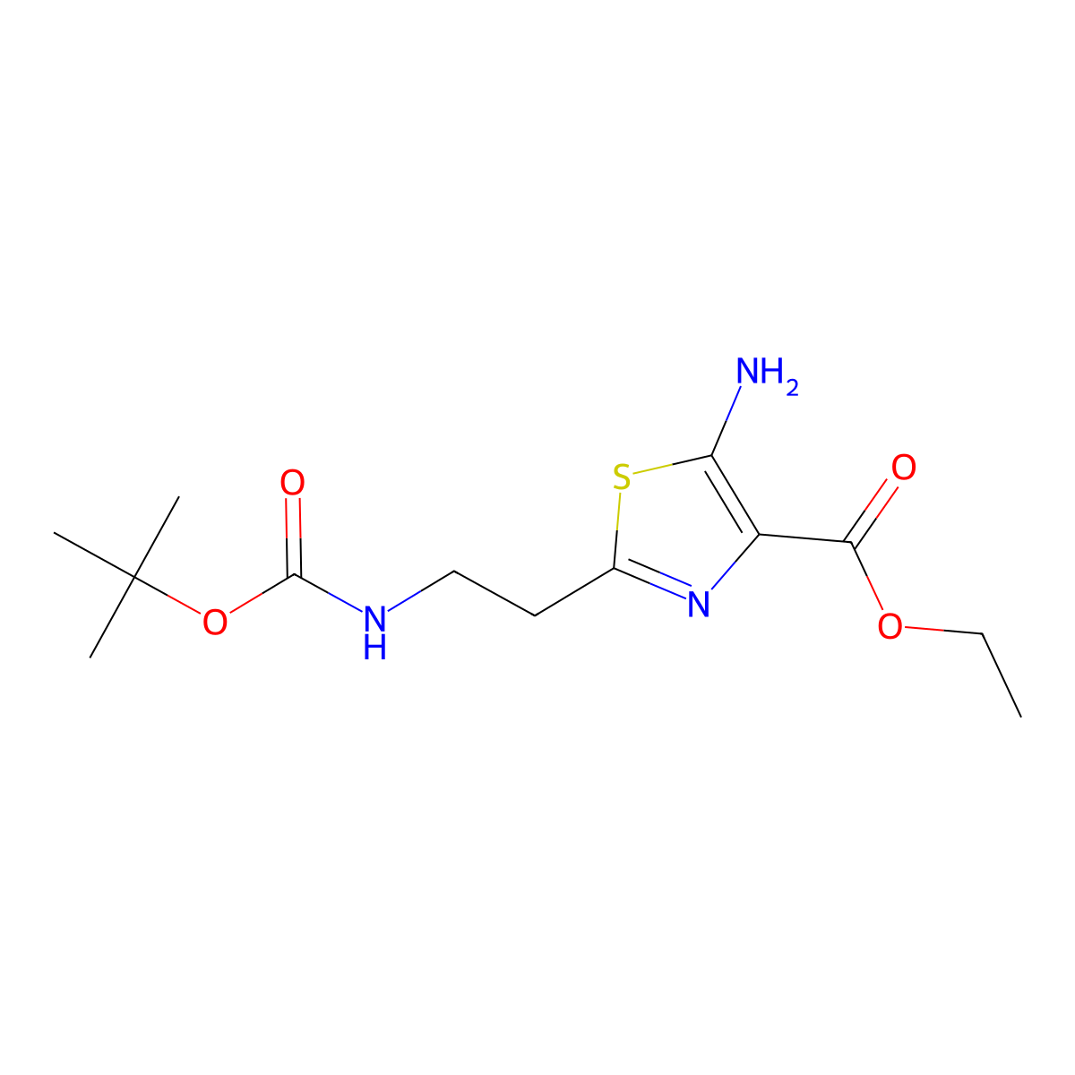 Ethyl 5-amino-2-(2-{[(tert-butoxy)carbonyl]amino}ethyl)-1,3-thiazole-4-carboxylate molecular structure, CAS 2253630-18-9