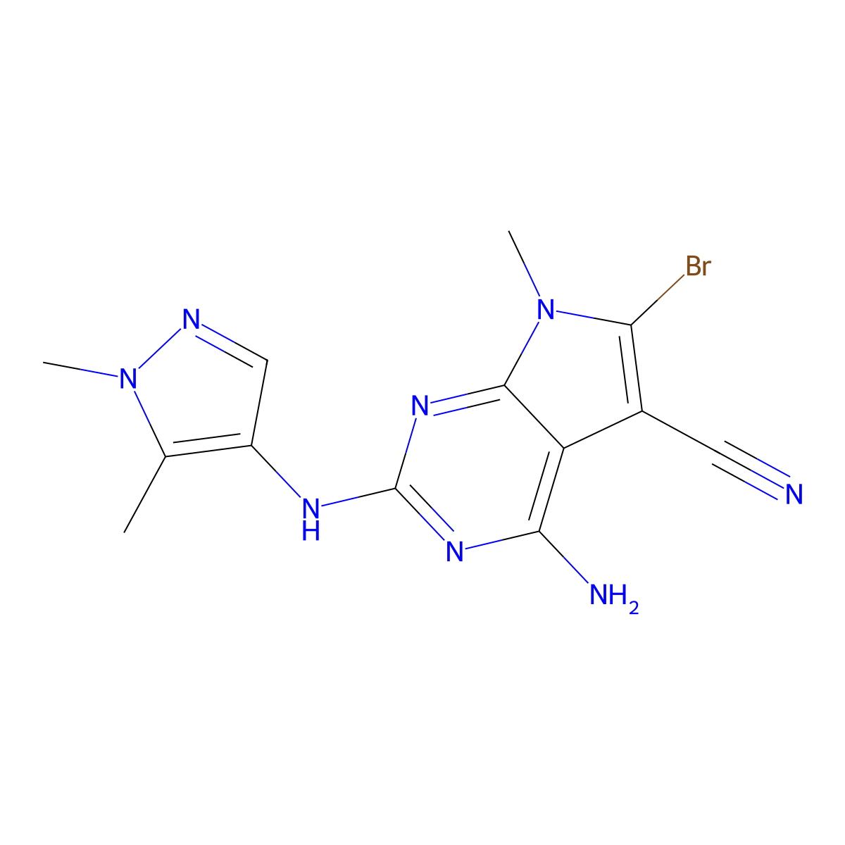 4-amino-6-bromo-2-[(1,5-dimethyl-1H-pyrazol-4-yl)amino]-7-methyl-7H-pyrrolo[2,3-d]pyrimidine-5-carbonitrile molecular structure, CAS 2253630-43-0