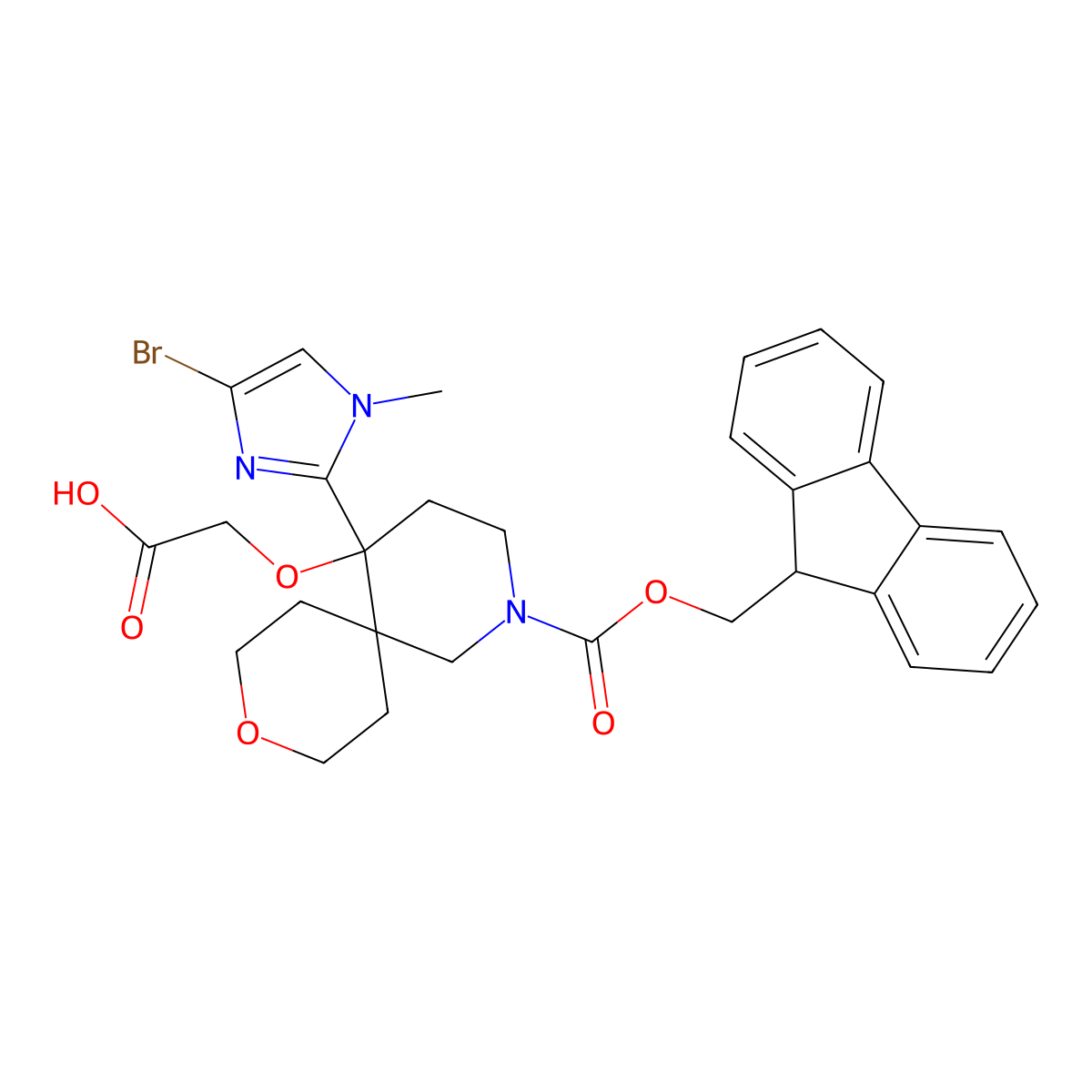 2-[[5-(4-Bromo-1-methylimidazol-2-yl)-2-(9H-fluoren-9-ylmethoxycarbonyl)-9-oxa-2-azaspiro[5.5]undecan-5-yl]oxy]acetic acid molecular structure, CAS 2253631-01-3