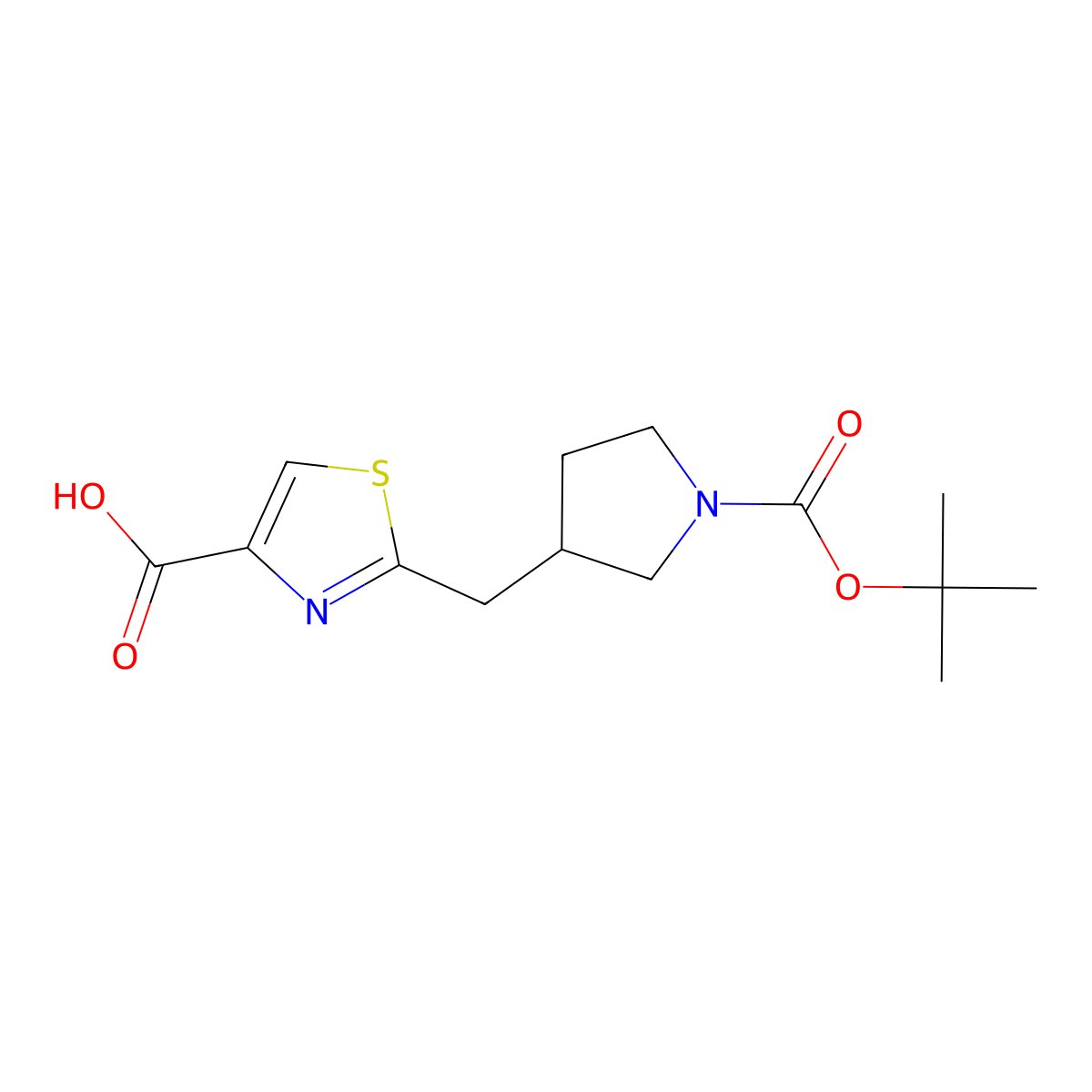 2-((1-((Tert-butoxy)carbonyl)pyrrolidin-3-yl)methyl)-1,3-thiazole-4-carboxylic acid molecular structure, CAS 2253632-65-2