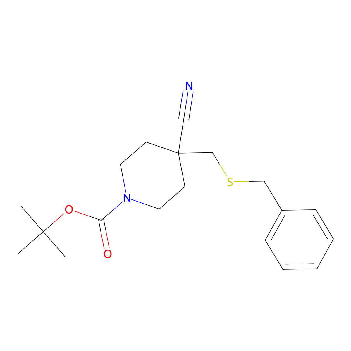 Tert-butyl 4-[(benzylsulfanyl)methyl]-4-cyanopiperidine-1-carboxylate molecular structure, CAS 2253641-04-0