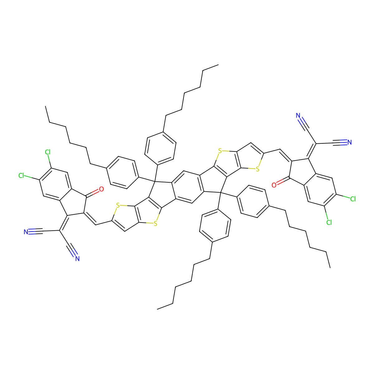 2-[5,6-Dichloro-2-[[20-[[5,6-dichloro-1-(dicyanomethylidene)-3-oxoinden-2-ylidene]methyl]-12,12,24,24-tetrakis(4-hexylphenyl)-5,9,17,21-tetrathiaheptacyclo[13.9.0.03,13.04,11.06,10.016,23.018,22]tetracosa-1(15),2,4(11),6(10),7,13,16(23),18(22),19-nonaen-8-yl]methylidene]-3-oxoinden-1-ylidene]propanedinitrile molecular structure, CAS 2253663-81-7