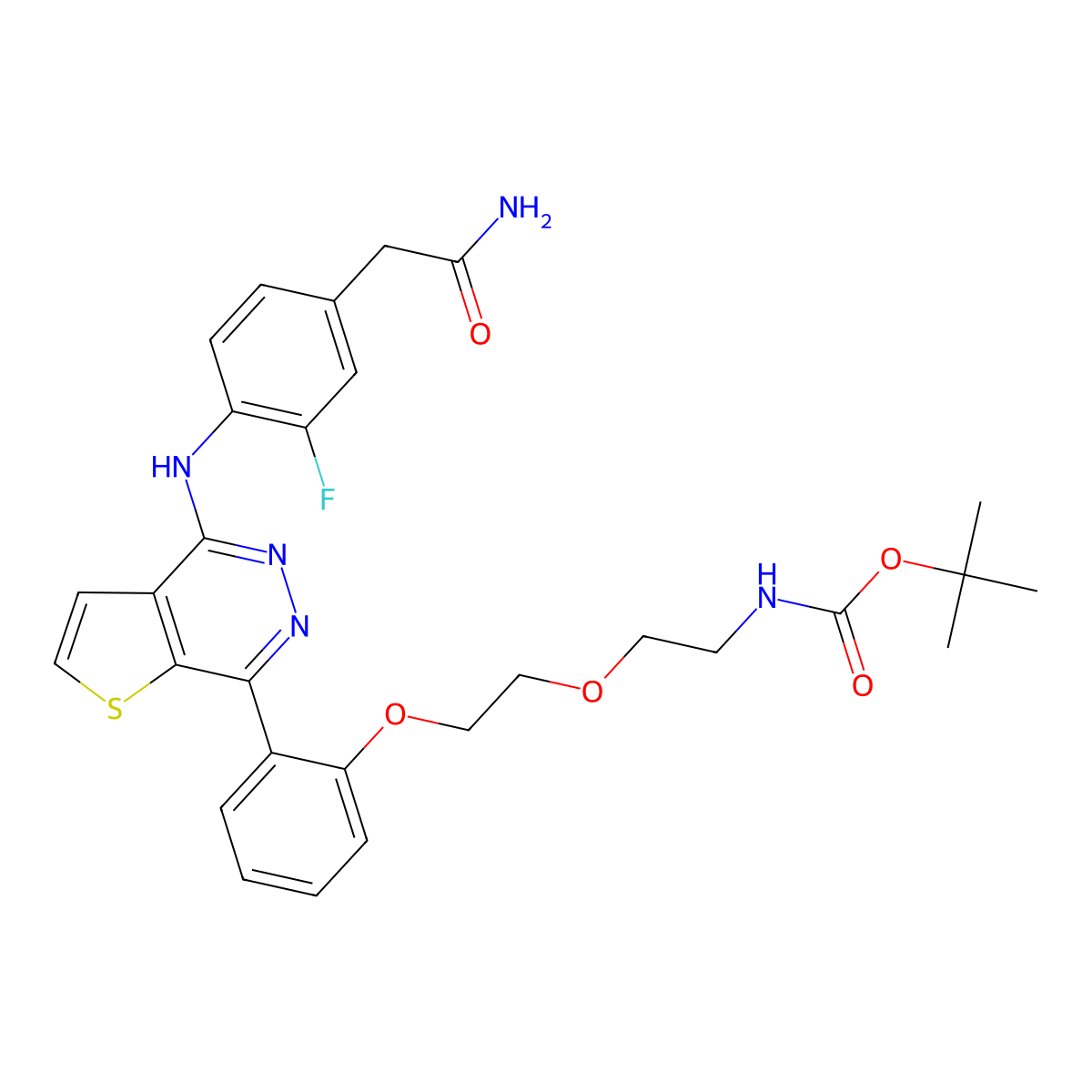 tert-butyl N-[2-[2-[2-[4-[4-(2-amino-2-oxoethyl)-2-fluoroanilino]thieno[2,3-d]pyridazin-7-yl]phenoxy]ethoxy]ethyl]carbamate molecular structure, CAS 2253733-45-6