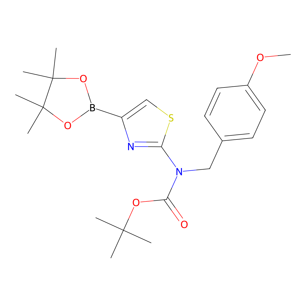 Tert-butyl (4-methoxybenzyl)(4-(4,4,5,5-tetramethyl-1,3,2-dioxaborolan-2-yl)thiazol-2-yl)carbamate molecular structure, CAS 2253869-40-6