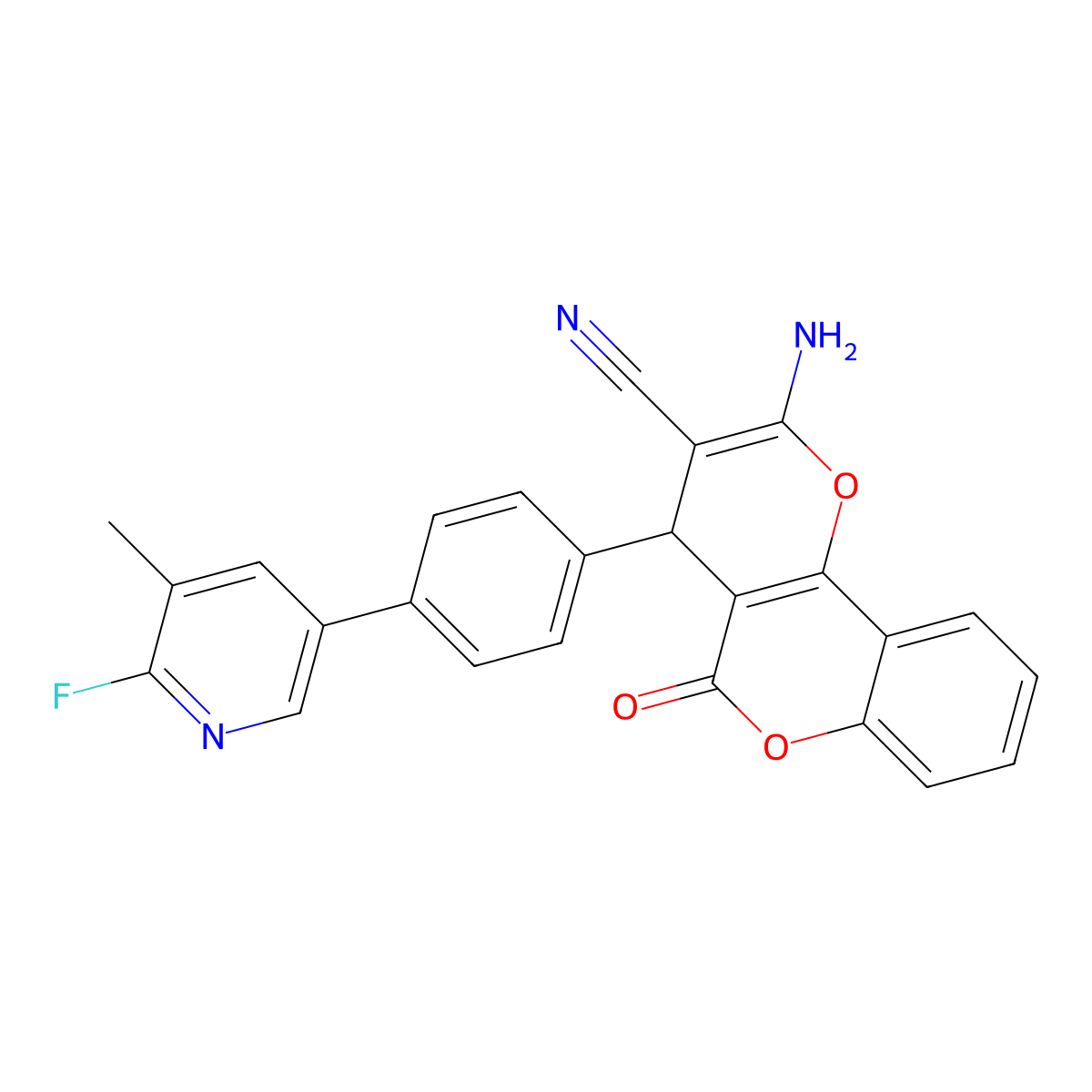 2-Amino-4-(4-(6-fluoro-5-methylpyridin-3-yl)phenyl)-5-oxo-4H,5H-pyrano[3,2-c]chromene-3-carbonitrile molecular structure, CAS 2254434-33-6