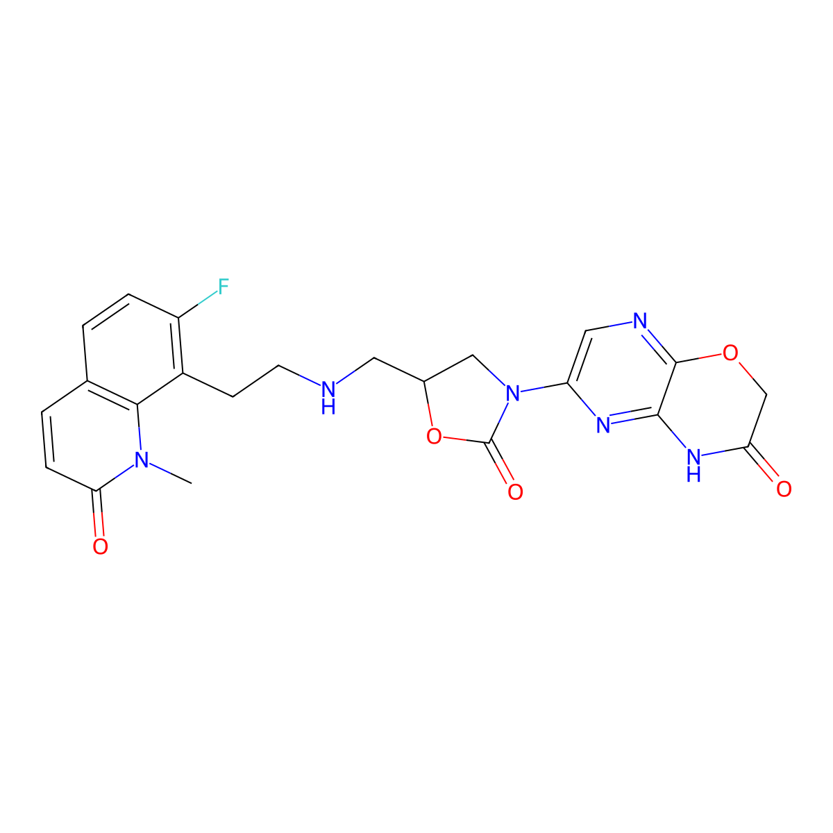 6-[(5S)-5-[[2-(7-fluoro-1-methyl-2-oxoquinolin-8-yl)ethylamino]methyl]-2-oxo-1,3-oxazolidin-3-yl]-4H-pyrazino[2,3-b][1,4]oxazin-3-one molecular structure, CAS 2254567-00-3