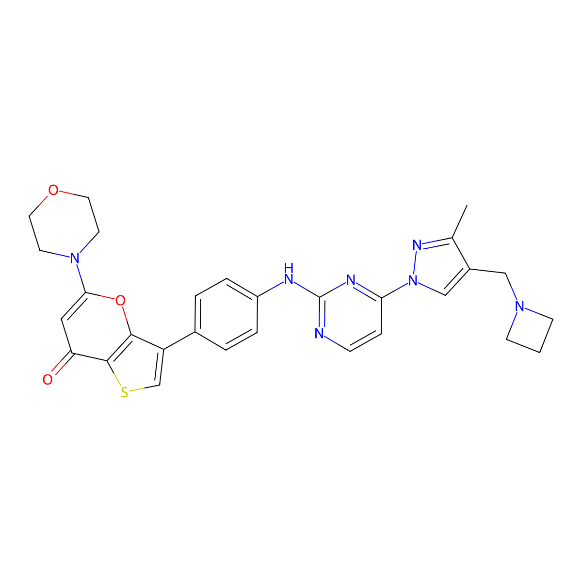 3-(4-((4-(4-(Azetidin-1-ylmethyl)-3-methyl-1H-pyrazol-1-yl)pyrimidin-2-yl)amino)phenyl)-5-morpholino-7H-thieno[3,2-b]pyran-7-one molecular structure, CAS 2254693-15-5