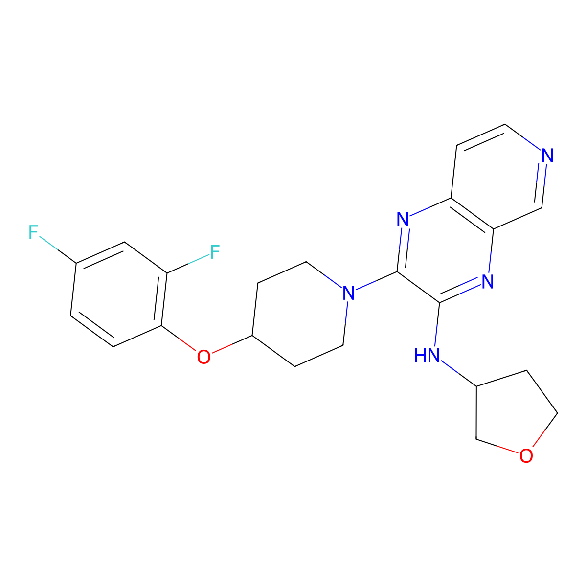 2-[4-(2,4-difluorophenoxy)piperidin-1-yl]-N-[(3R)-oxolan-3-yl]pyrido[3,4-b]pyrazin-3-amine molecular structure, CAS 2254706-22-2