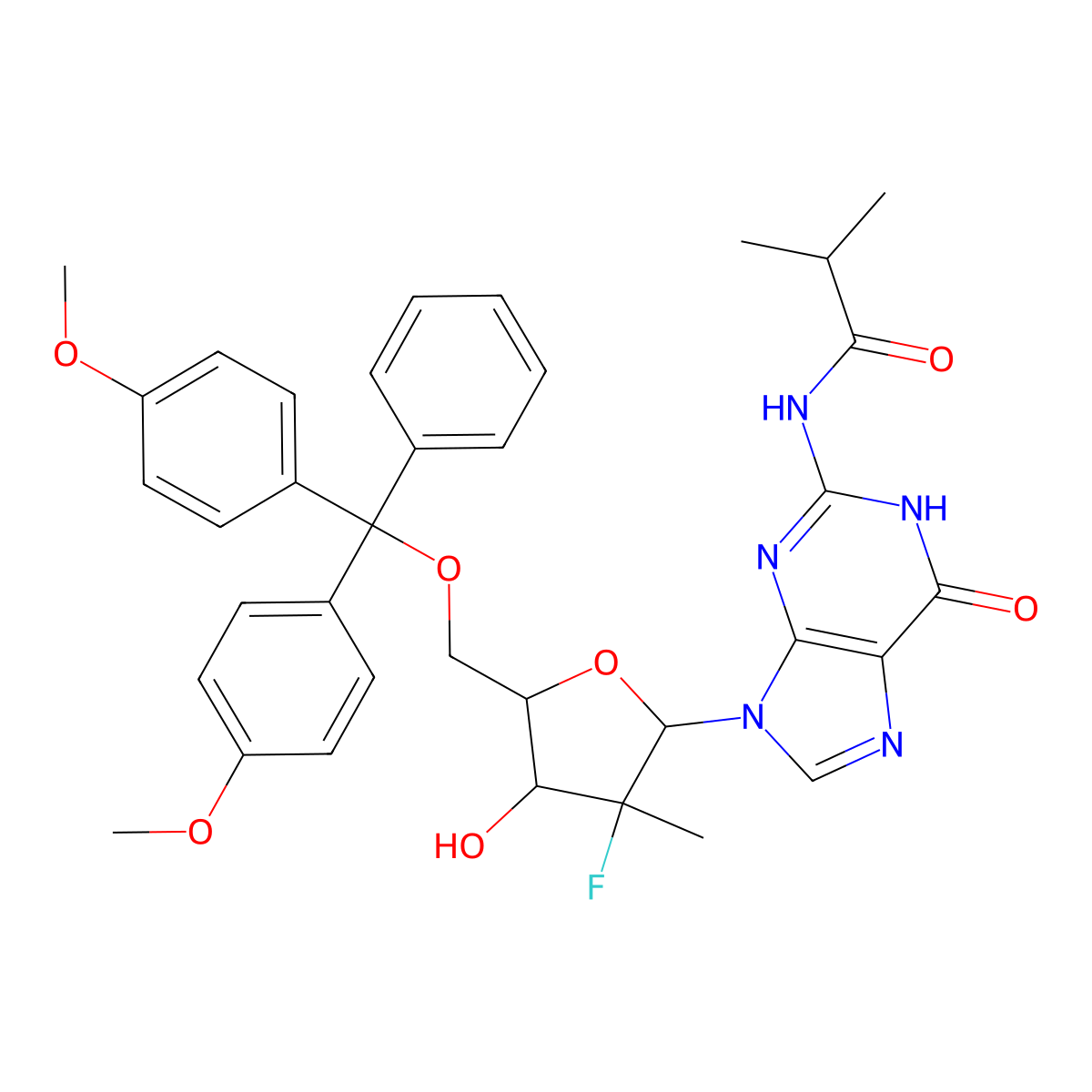 N-(9-[(2R,3R,4R,5R)-5-[(bis(4-methoxyphenyl)(phenyl)methoxy)methyl]-3-fluoro-4-hydroxy-3-methyloxolan-2-yl]-6-oxo-6,9-dihydro-1H-purin-2-yl)-2-methylpropanamide molecular structure, CAS 2254801-03-9