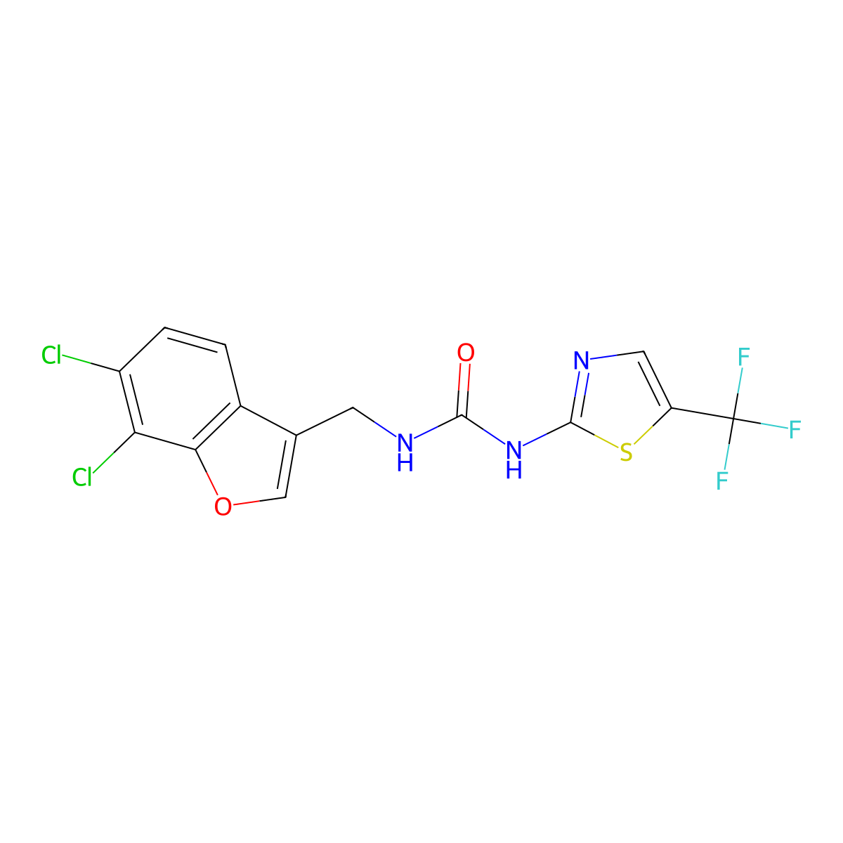 1-((6,7-Dichloro-1-benzofuran-3-yl)methyl)-3-(5-(trifluoromethyl)-1,3-thiazol-2-yl)urea molecular structure, CAS 2254826-32-7