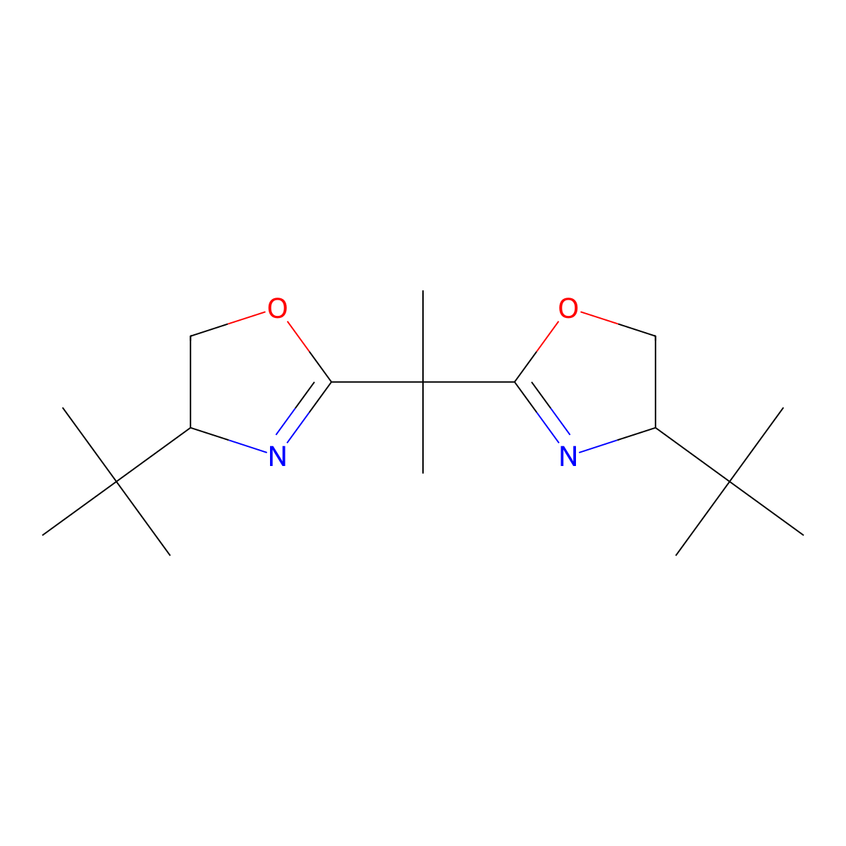 4-Tert-butyl-2-[1-(4-tert-butyl-4,5-dihydrooxazol-2-yl)-1-methyl-ethyl]-4,5-dihydrooxazole molecular structure, CAS 225531-61-3