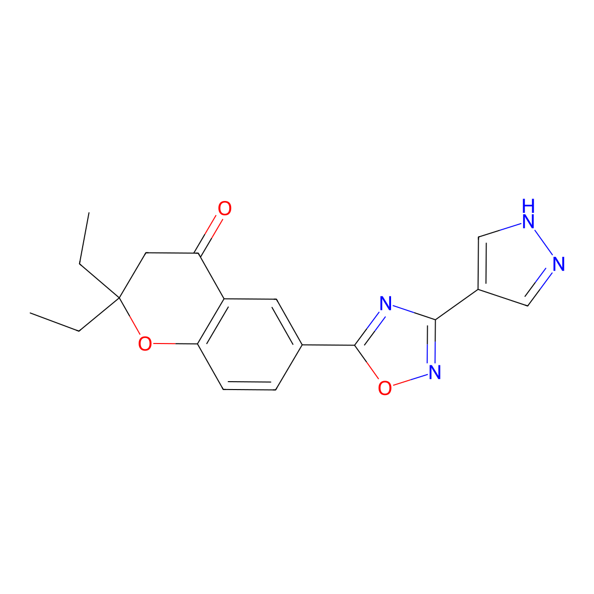 2,2-diethyl-6-[3-(1H-pyrazol-4-yl)-1,2,4-oxadiazol-5-yl]-3H-chromen-4-one molecular structure, CAS 2256030-24-5