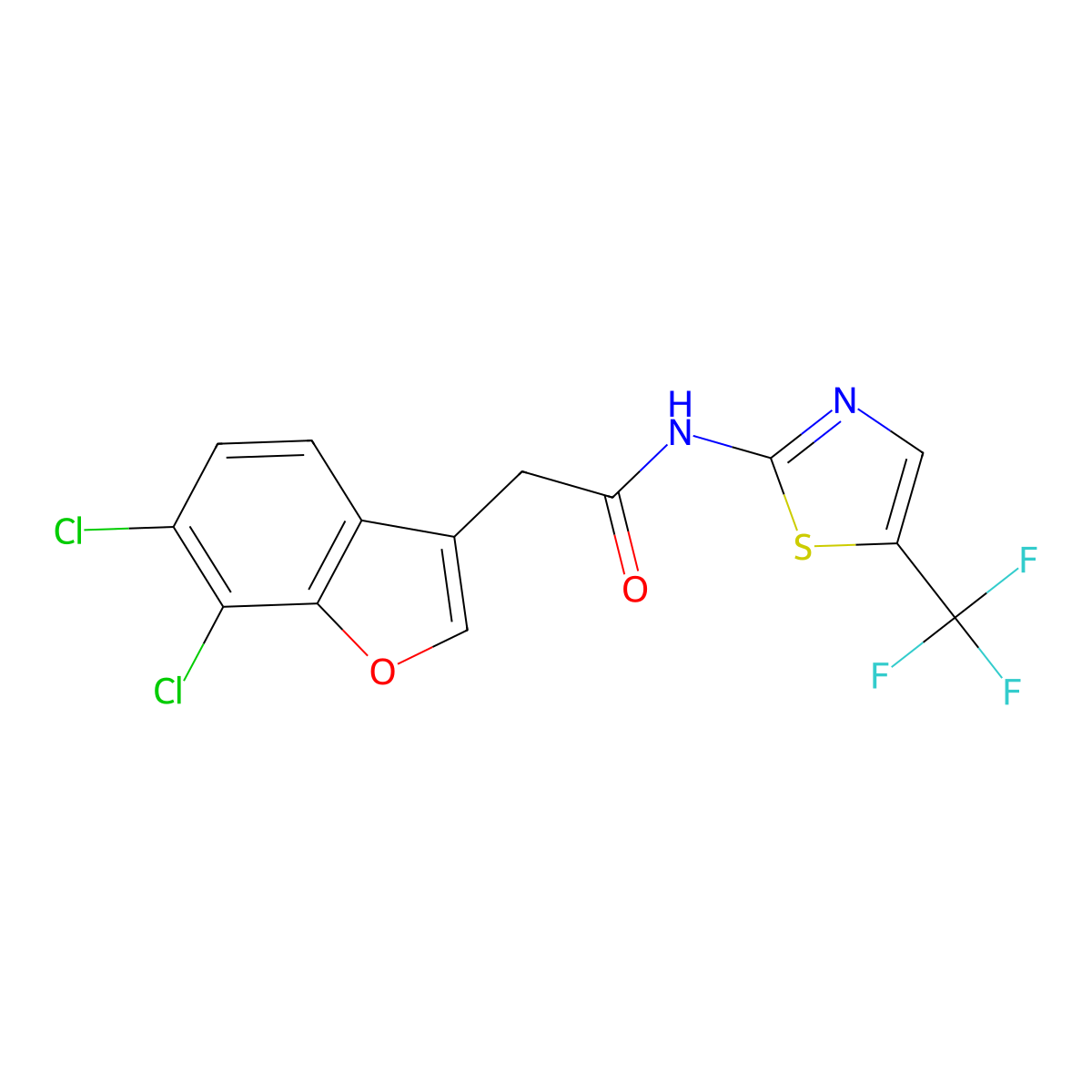 2-(6,7-dichloro-1-benzofuran-3-yl)-N-[5-(trifluoromethyl)-1,3-thiazol-2-yl]acetamide molecular structure, CAS 2256066-01-8