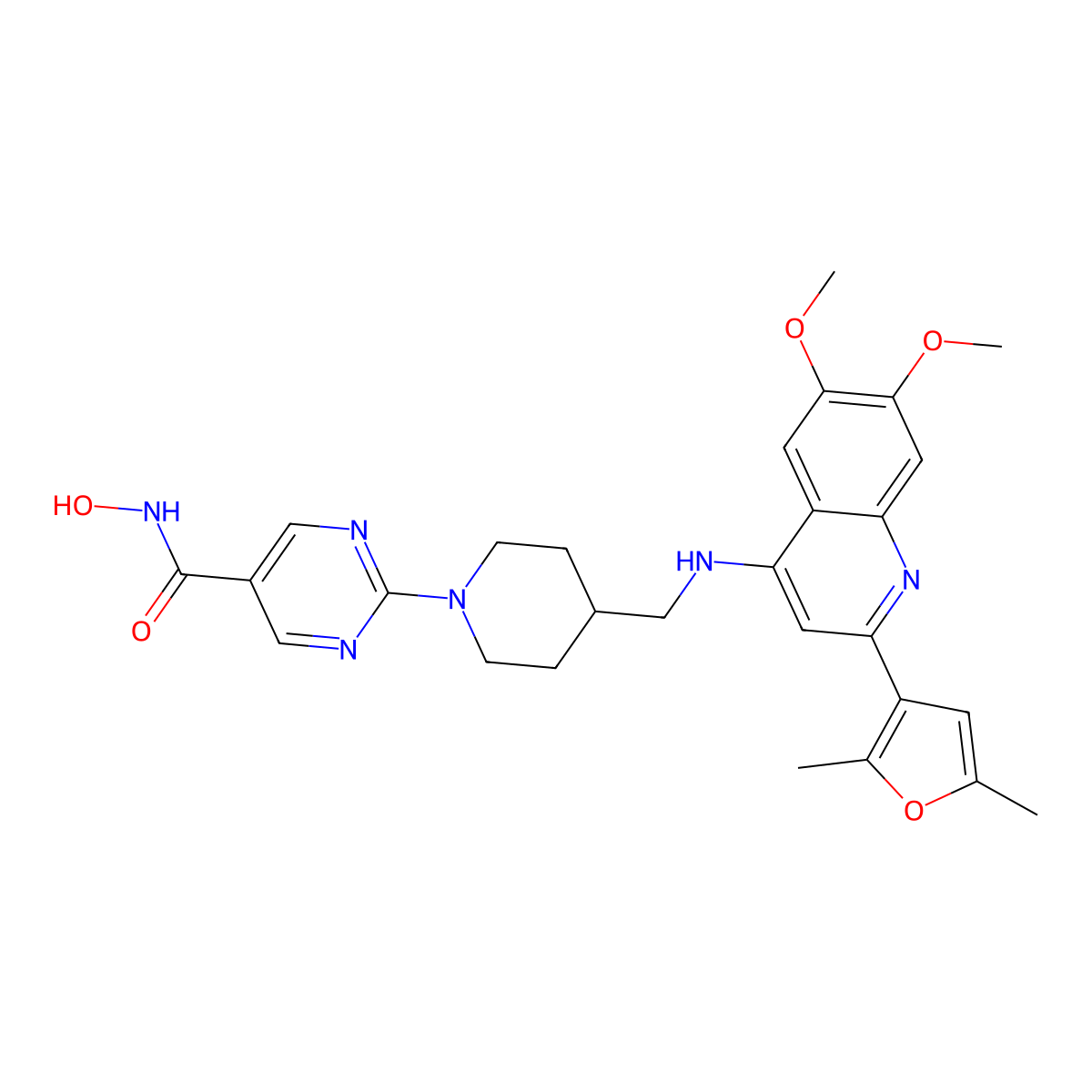 2-[4-[[[2-(2,5-dimethylfuran-3-yl)-6,7-dimethoxyquinolin-4-yl]amino]methyl]piperidin-1-yl]-N-hydroxypyrimidine-5-carboxamide molecular structure, CAS 2256079-39-5