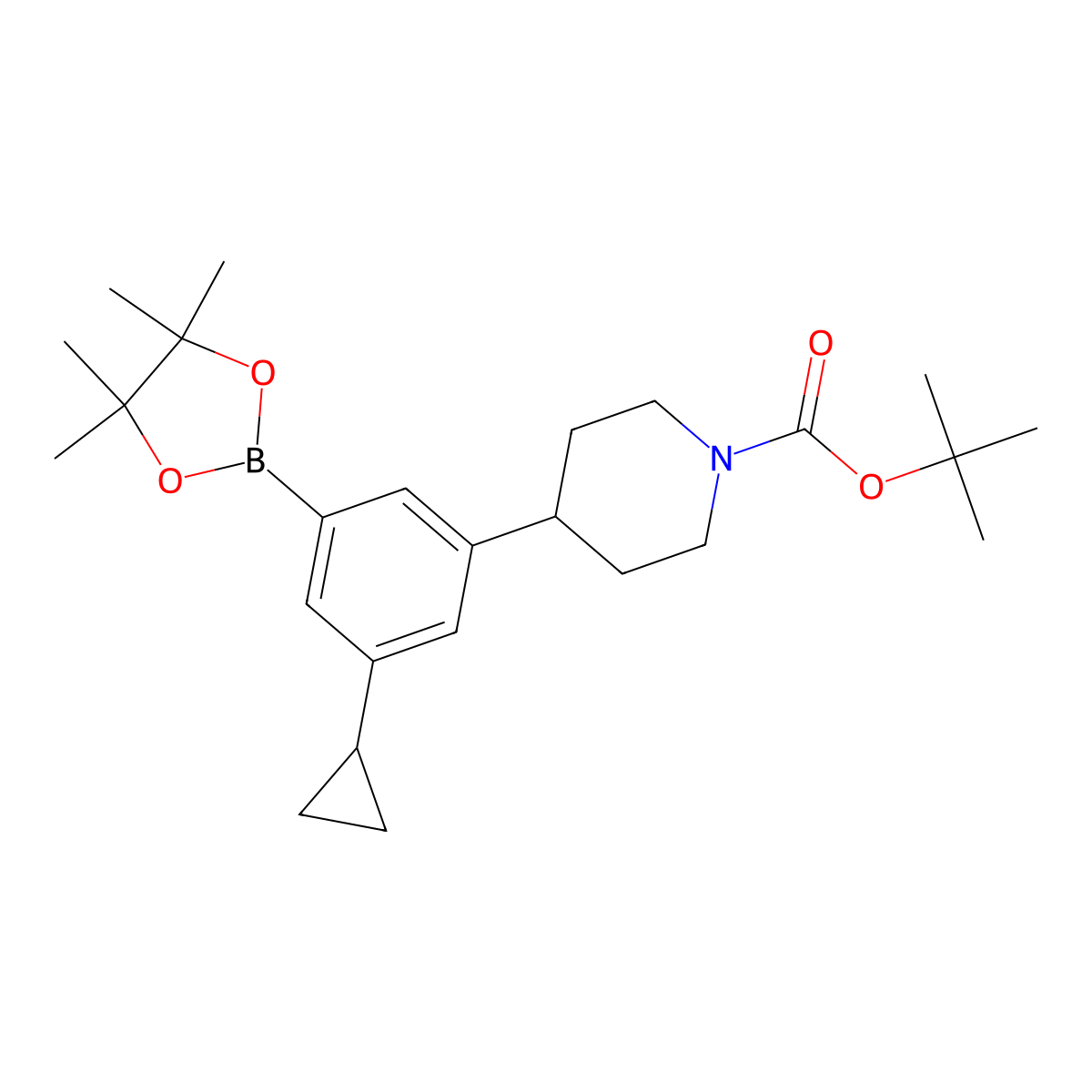 Tert-butyl 4-(3-cyclopropyl-5-(4,4,5,5-tetramethyl-1,3,2-dioxaborolan-2-yl)phenyl)piperidine-1-carboxylate molecular structure, CAS 2256709-02-9