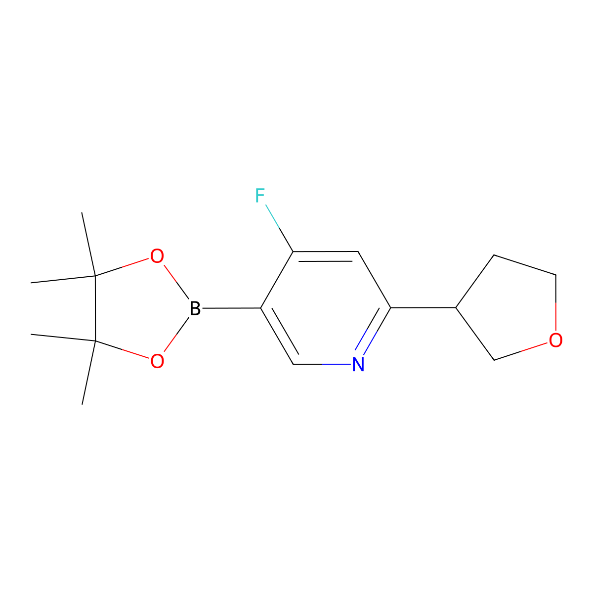 4-Fluoro-2-(tetrahydrofuran-3-yl)-5-(4,4,5,5-tetramethyl-1,3,2-dioxaborolan-2-yl)pyridine molecular structure, CAS 2256709-10-9