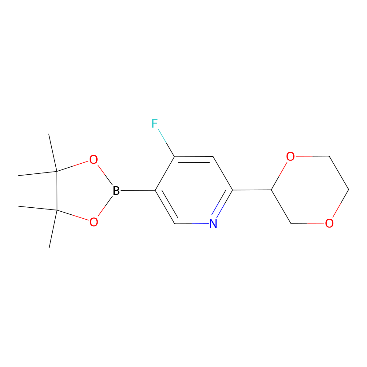 2-(1,4-Dioxan-2-yl)-4-fluoro-5-(4,4,5,5-tetramethyl-1,3,2-dioxaborolan-2-yl)pyridine molecular structure, CAS 2256709-15-4