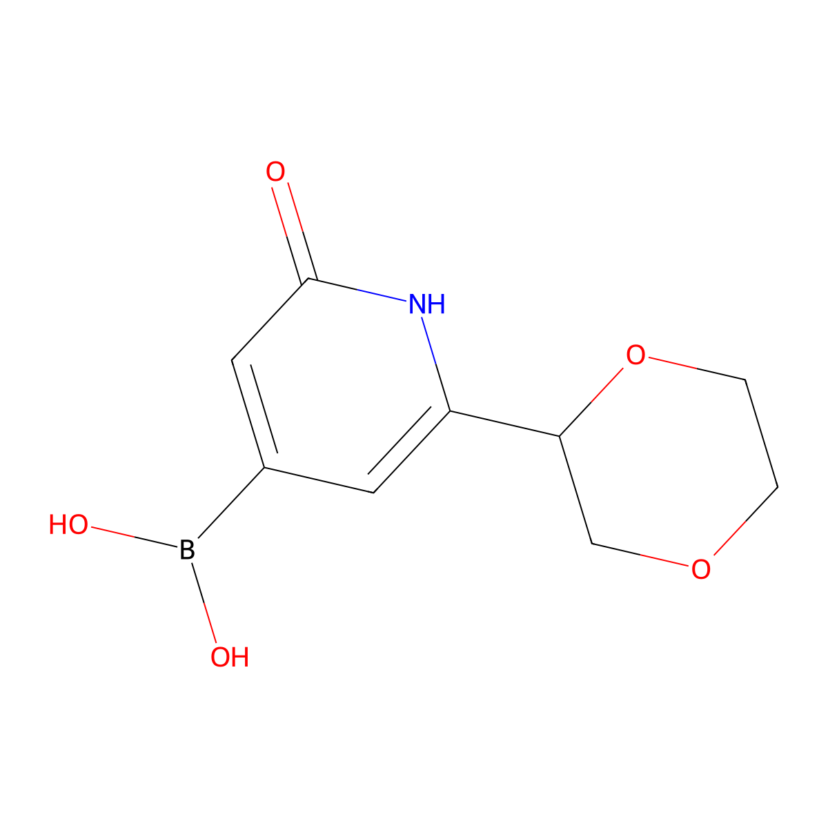 (2-(1,4-Dioxan-2-yl)-6-hydroxypyridin-4-yl)boronic acid molecular structure, CAS 2256747-27-8