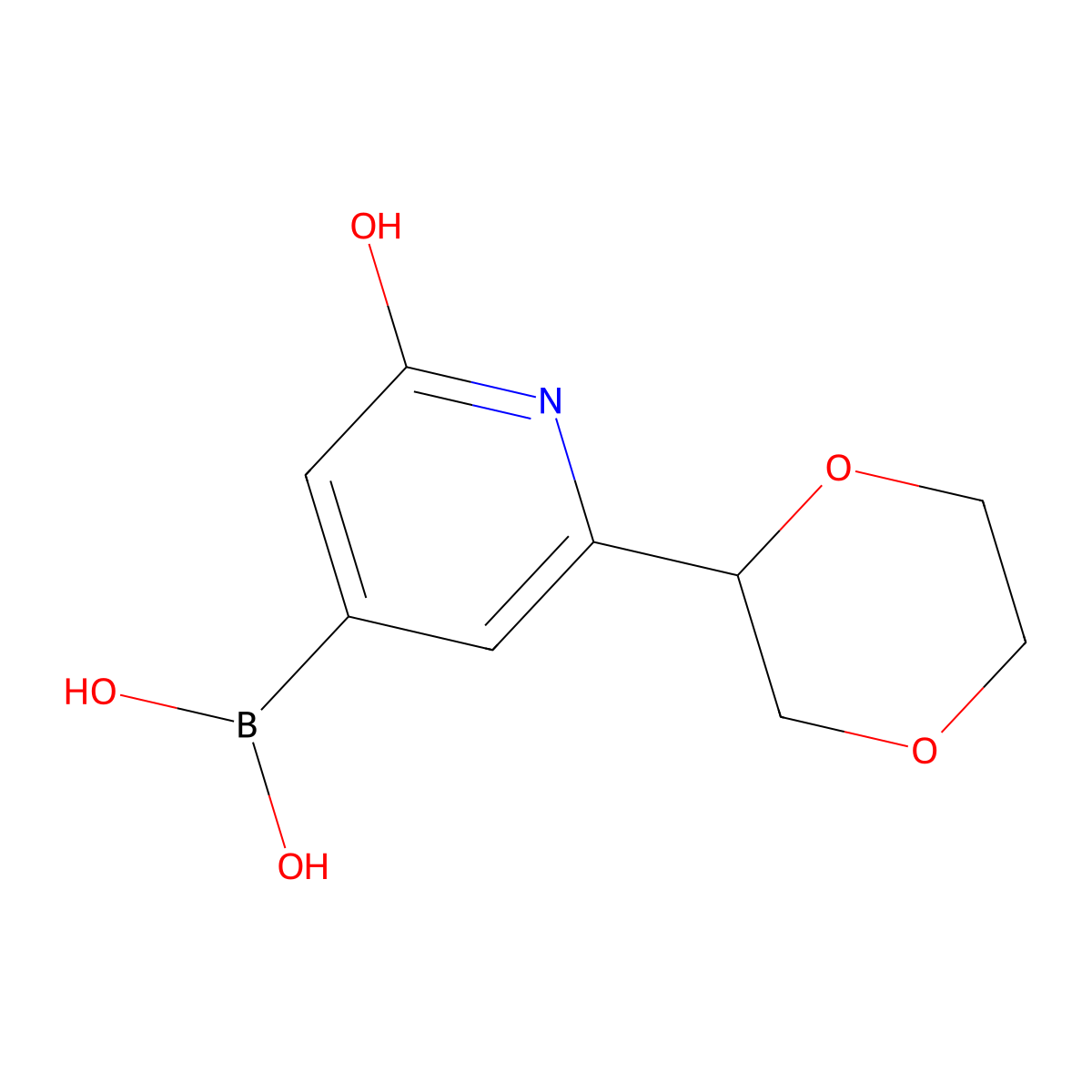 (2-(1,4-Dioxan-2-yl)-6-hydroxypyridin-4-yl)boronic acid molecular structure, CAS 2256747-27-8