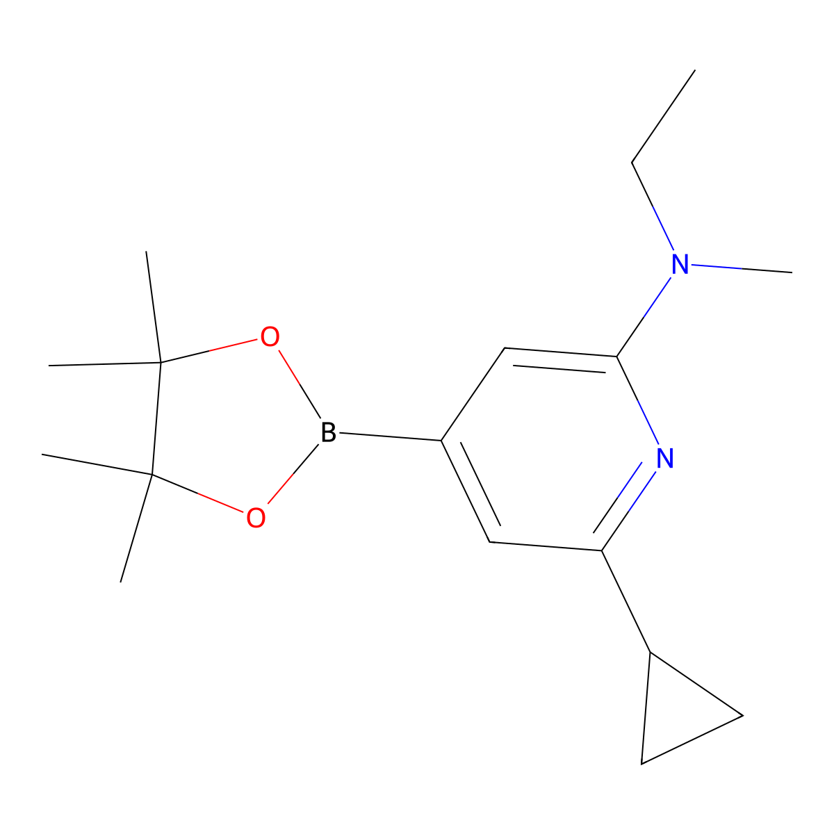 6-cyclopropyl-N-ethyl-N-methyl-4-(4,4,5,5-tetramethyl-1,3,2-dioxaborolan-2-yl)pyridin-2-amine molecular structure, CAS 2256754-86-4