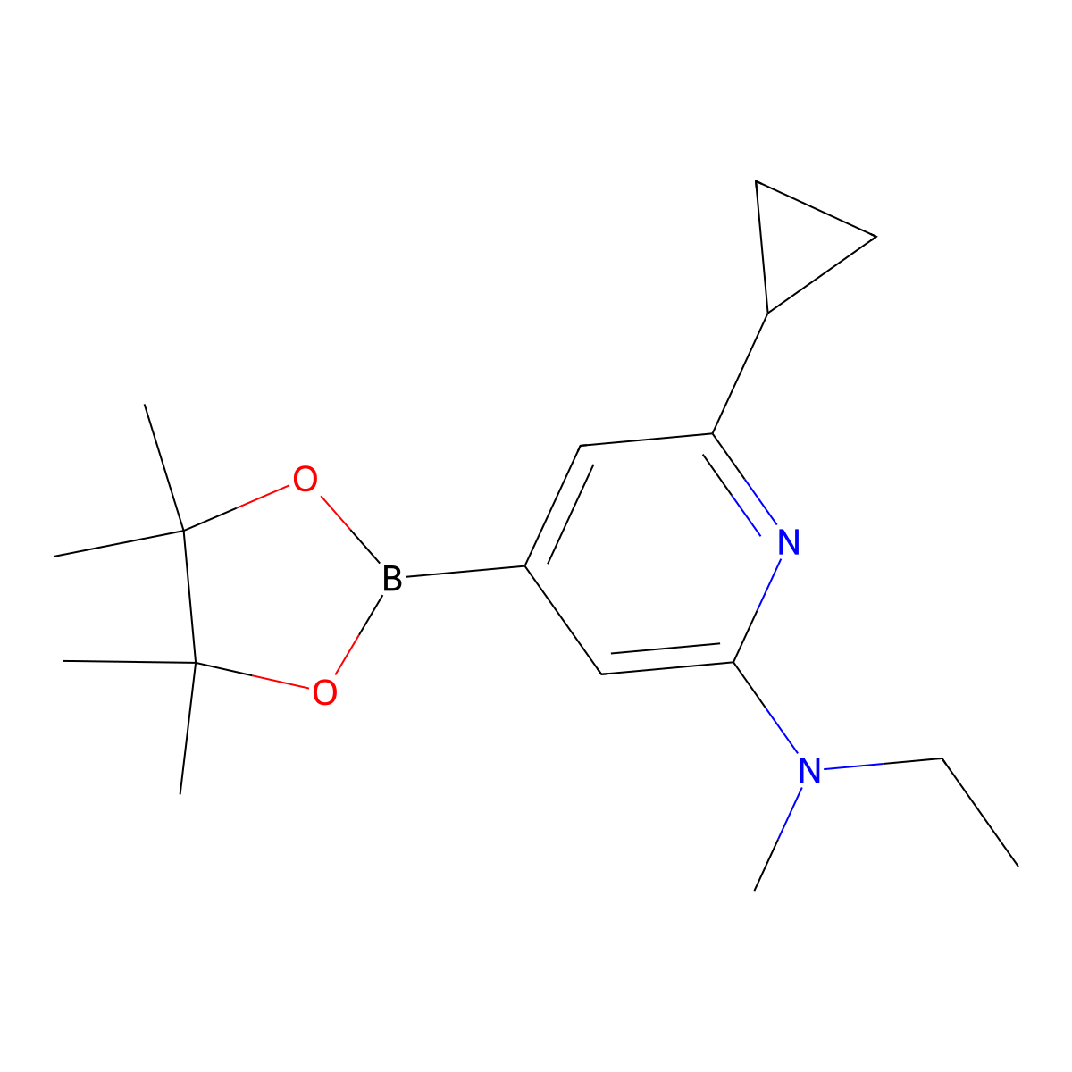 6-cyclopropyl-N-ethyl-N-methyl-4-(4,4,5,5-tetramethyl-1,3,2-dioxaborolan-2-yl)pyridin-2-amine molecular structure, CAS 2256754-86-4