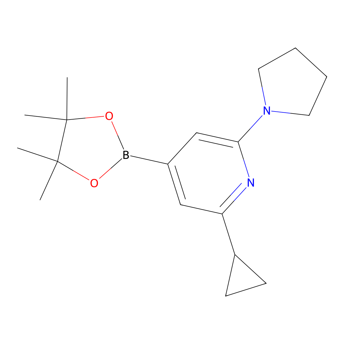 2-Cyclopropyl-6-(pyrrolidin-1-yl)-4-(4,4,5,5-tetramethyl-1,3,2-dioxaborolan-2-yl)pyridine molecular structure, CAS 2256754-89-7