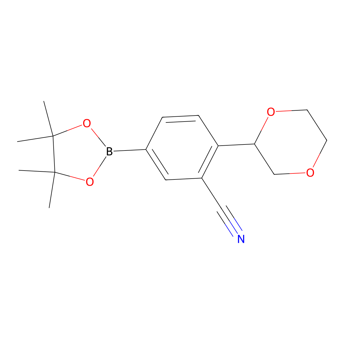 2-(1,4-Dioxan-2-yl)-5-(4,4,5,5-tetramethyl-1,3,2-dioxaborolan-2-yl)benzonitrile molecular structure, CAS 2256755-44-7