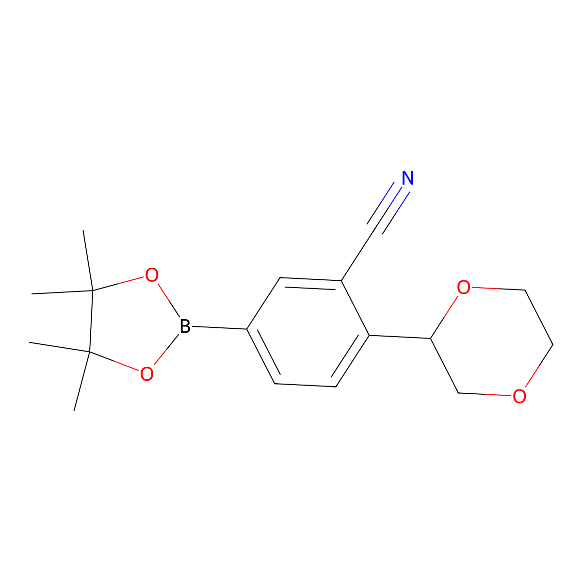 2-(1,4-Dioxan-2-yl)-5-(4,4,5,5-tetramethyl-1,3,2-dioxaborolan-2-yl)benzonitrile molecular structure, CAS 2256755-44-7