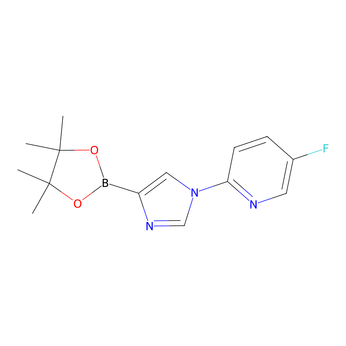 5-fluoro-2-(4-(4,4,5,5-tetramethyl-1,3,2-dioxaborolan-2-yl)-1H-imidazol-1-yl)pyridine molecular structure, CAS 2256755-49-2