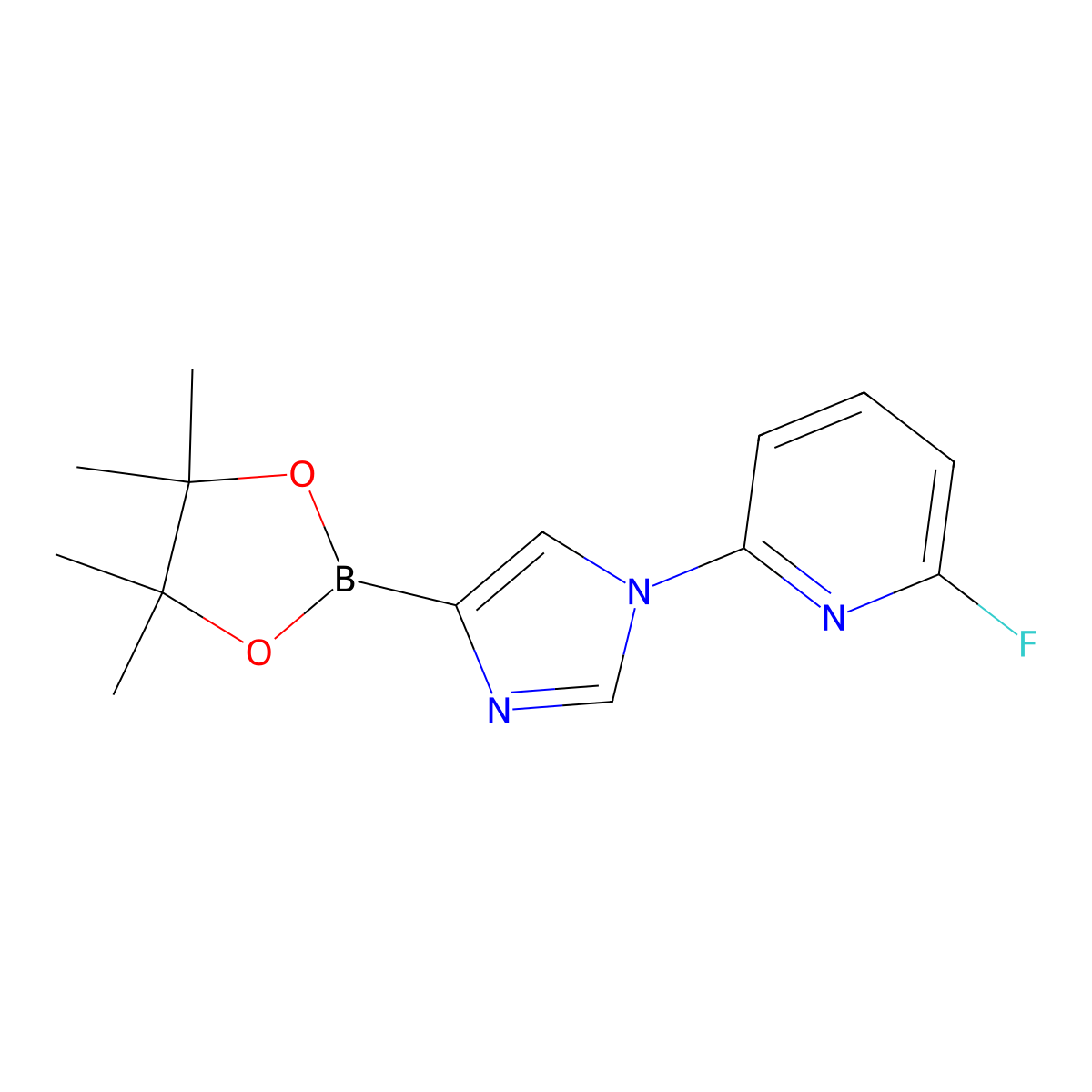 2-fluoro-6-(4-(4,4,5,5-tetramethyl-1,3,2-dioxaborolan-2-yl)-1H-imidazol-1-yl)pyridine molecular structure, CAS 2256755-50-5