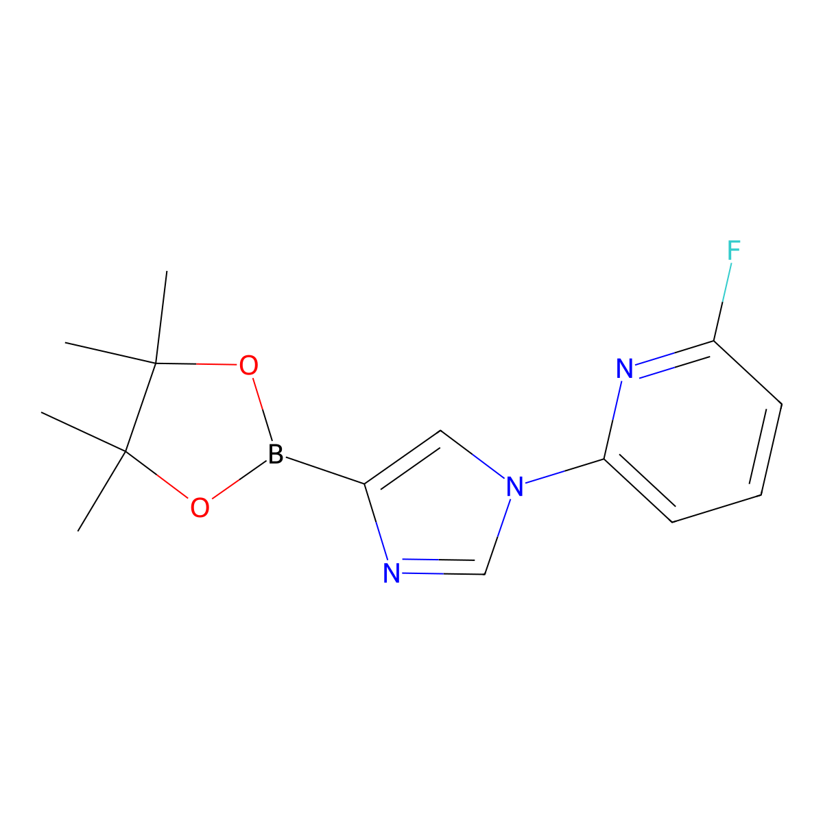 2-fluoro-6-(4-(4,4,5,5-tetramethyl-1,3,2-dioxaborolan-2-yl)-1H-imidazol-1-yl)pyridine molecular structure, CAS 2256755-50-5